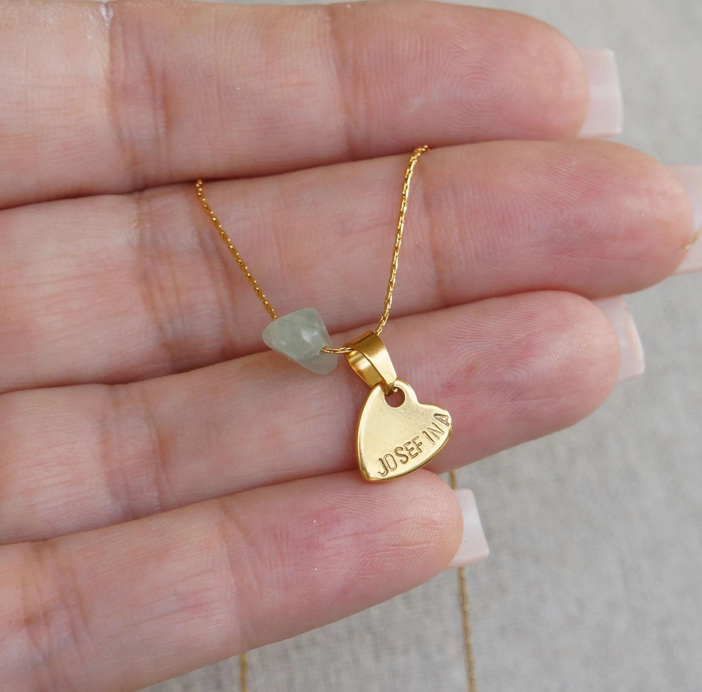 Personalized Heart Pendant Necklace, Fluorite Bead Charm, Gold Stamped Jewelry, Dainty Gift Idea, Name Necklace, Hand Stamped Initial