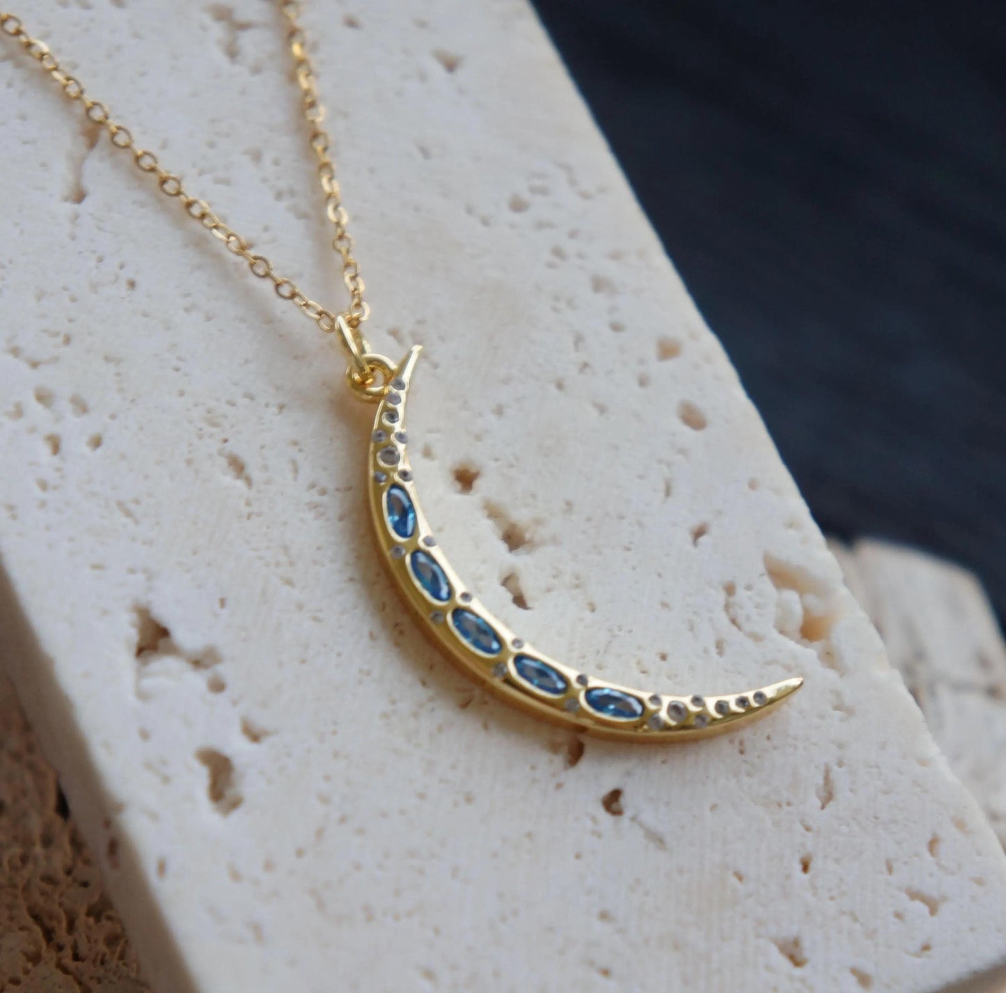 Gold Moon Pendant Necklace with Crystals, Lunar Necklace, Celestial Jewelry, Moon Lover Gift, Statement Necklace, Gift for Woman, Moon