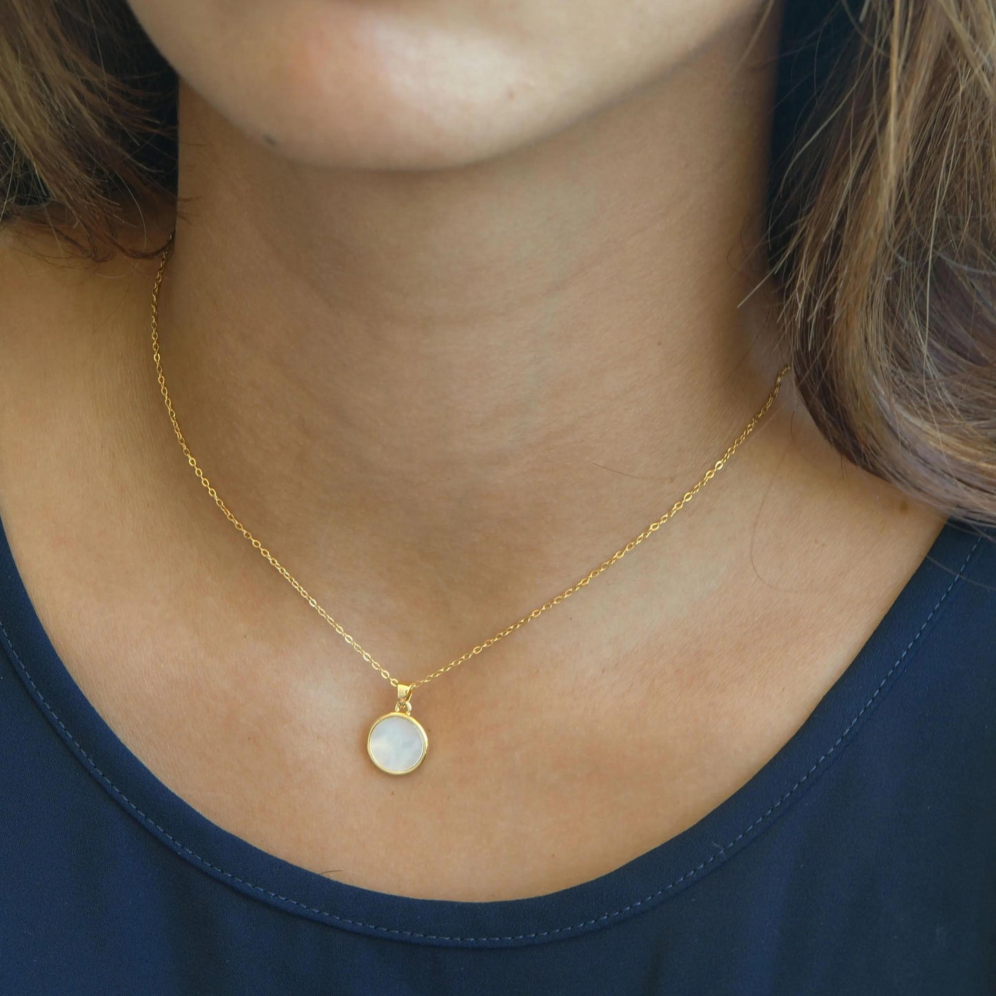 Gold Coin Pearl Necklace, Dainty Charm Pendant, Mother of Pearl Accent, Elegant Gift Idea, Delicate Jewelry Gift for Her Disc pearl