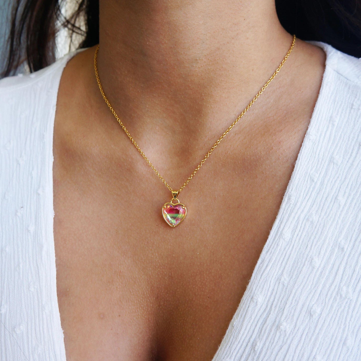 Gold Zircon Heart Necklace Colorful Charm Necklace Friendship Necklace Gift for Mom Necklace for Women Beautiful Gold Heart Necklace