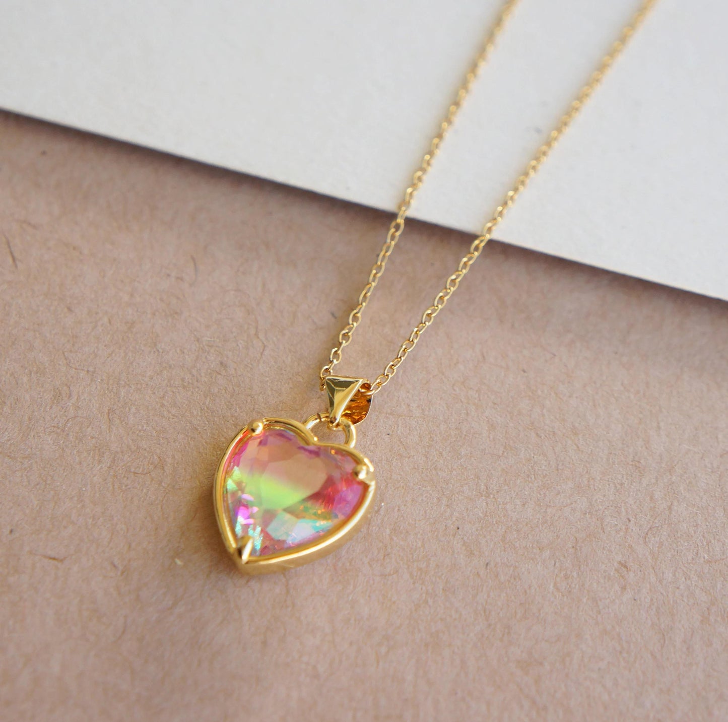 Gold Zircon Heart Necklace Colorful Charm Necklace Friendship Necklace Gift for Mom Necklace for Women Beautiful Gold Heart Necklace