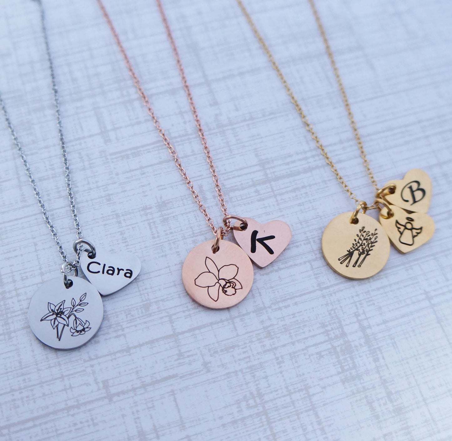 Personalized Flower Necklace Mother's Day Necklace Gift Sisters Necklace Friendship Necklace Engraved Heart Charms Initial Necklace DSC14