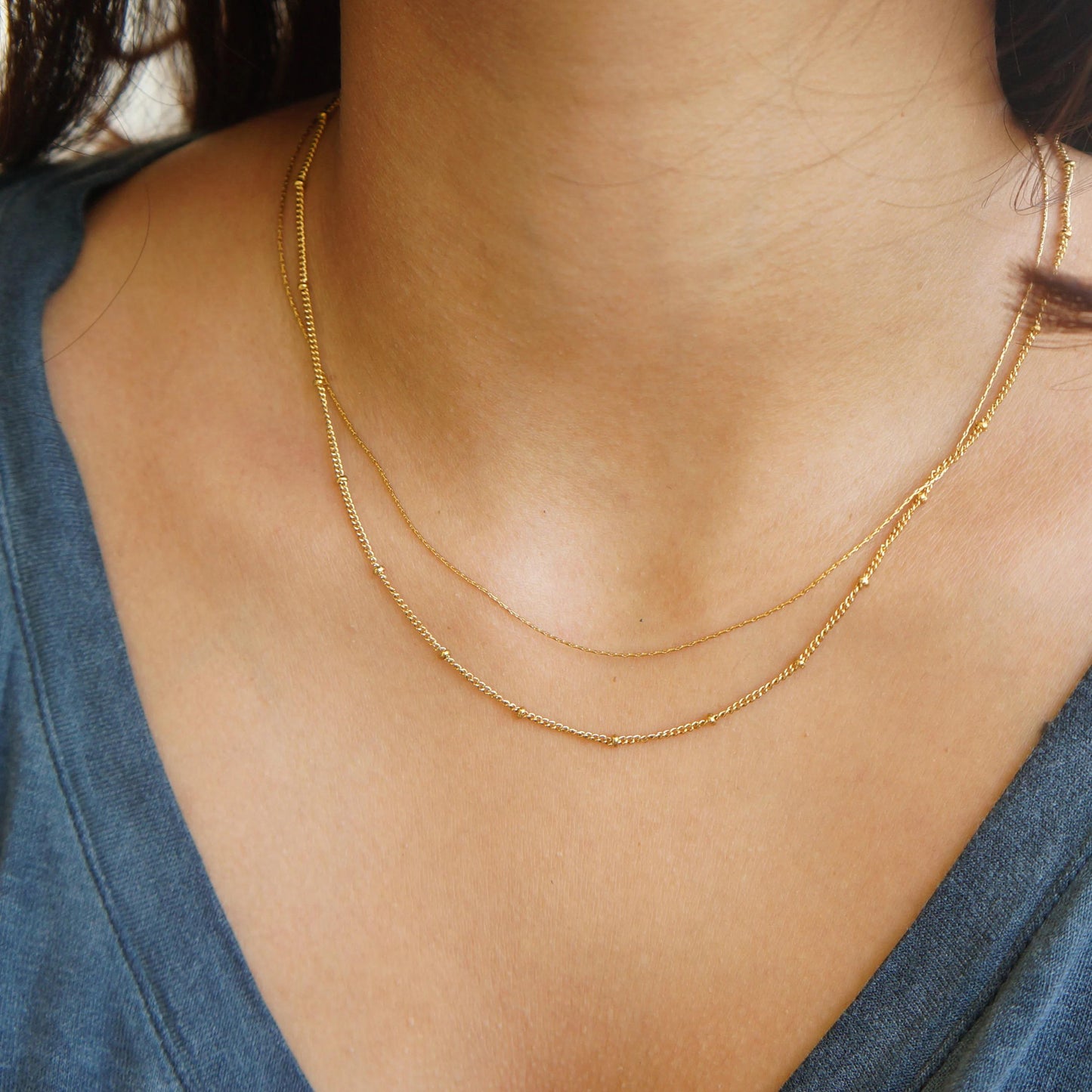 Ultra Dainty Gold Minimal Chains DUAL Necklace Aesthetic Jewelry Delicate Gold Chains Simple Minimalist Gold Necklace Gift for Women