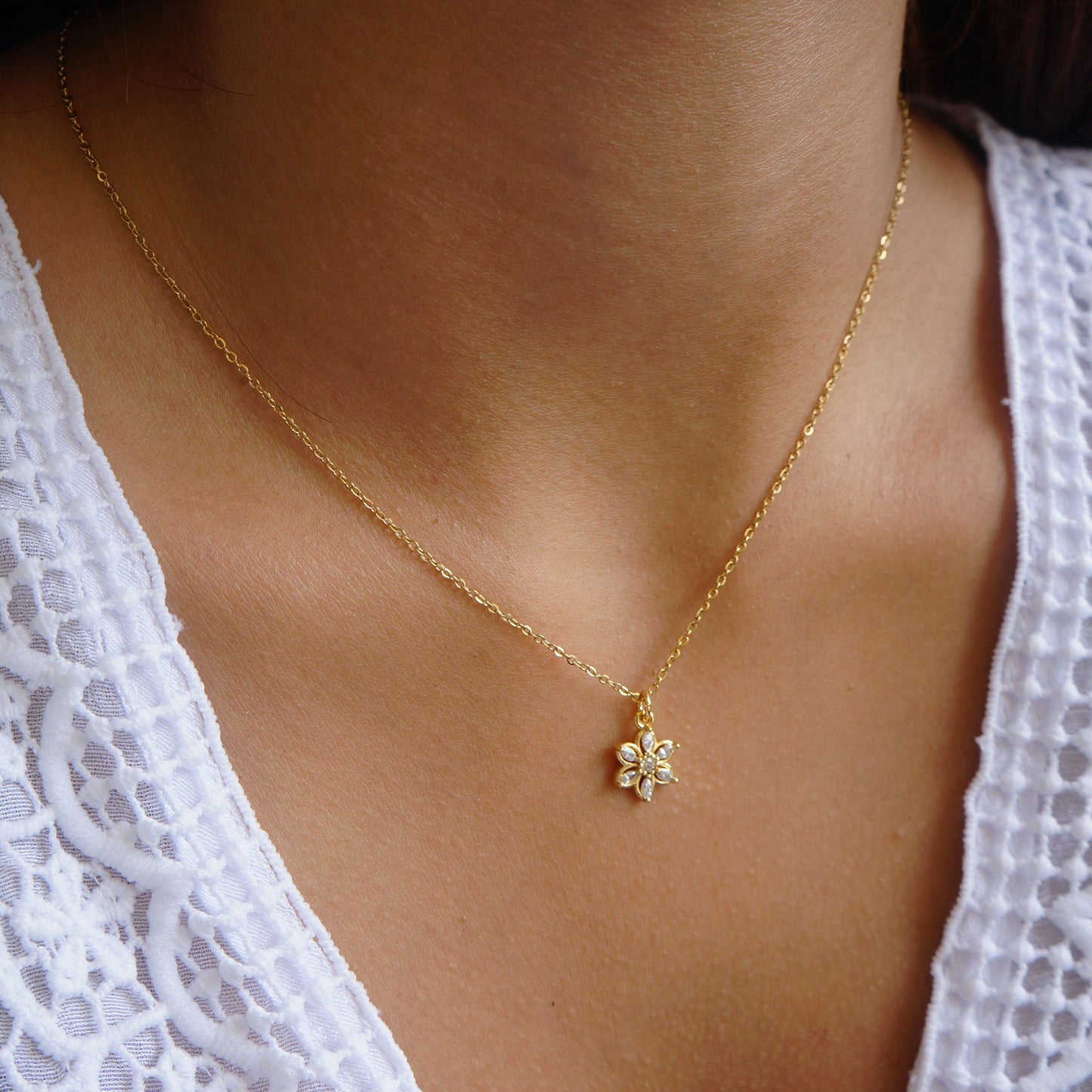 Gold Flower Necklace, CZ Crystal