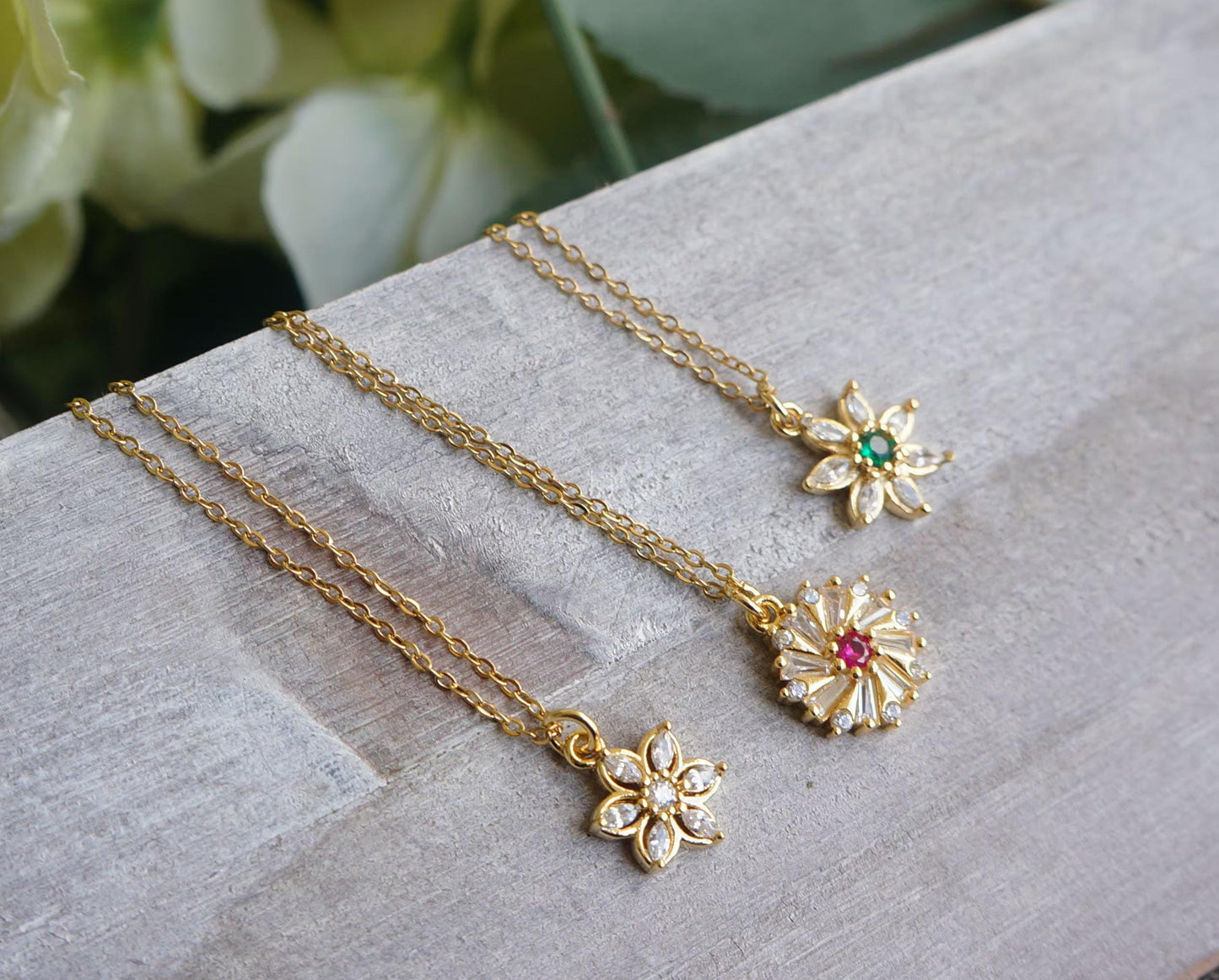 Gold Flower Necklace, CZ Crystal