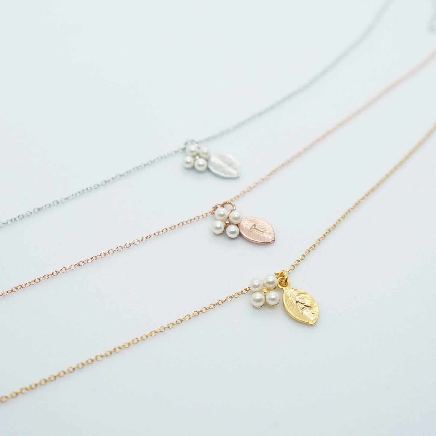 Tiny Pearl Charm Necklace Custom Initial Leaf Necklace Minimalist Necklace Bridesmaids Bridal Shower Gift Idea for Girls Layering Necklace