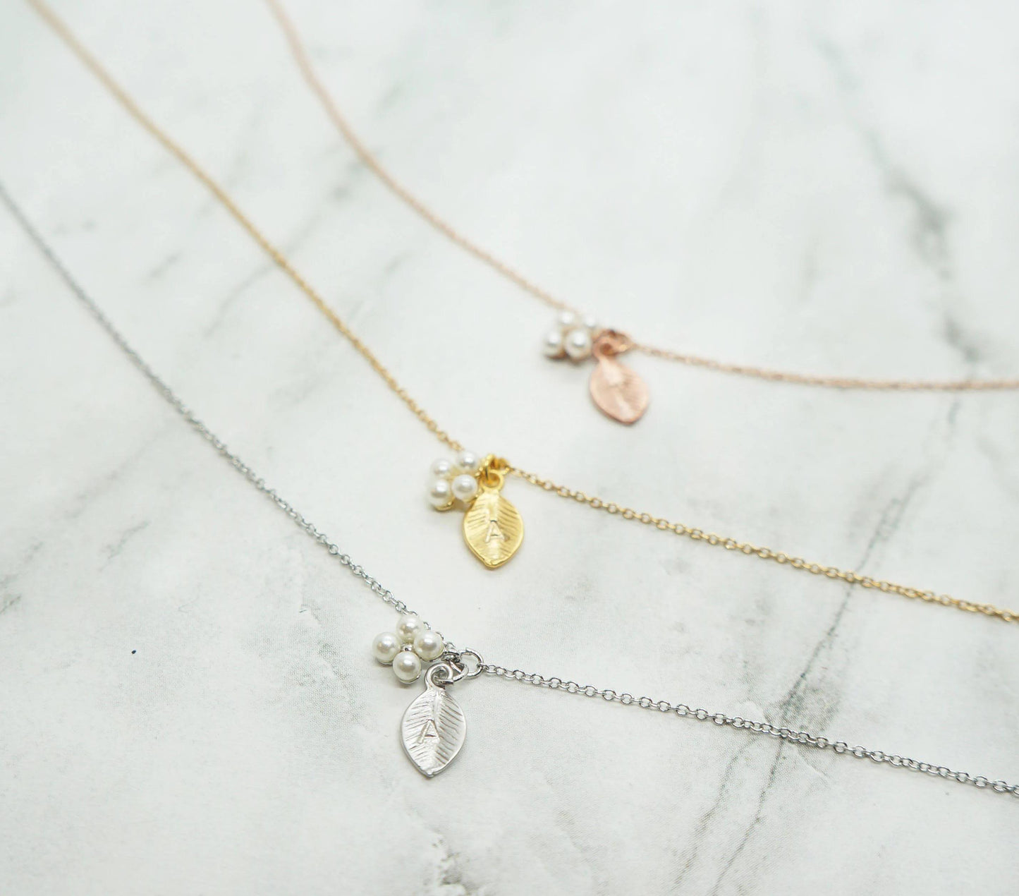 Tiny Pearl Charm Necklace Custom Initial Leaf Necklace Minimalist Necklace Bridesmaids Bridal Shower Gift Idea for Girls Layering Necklace