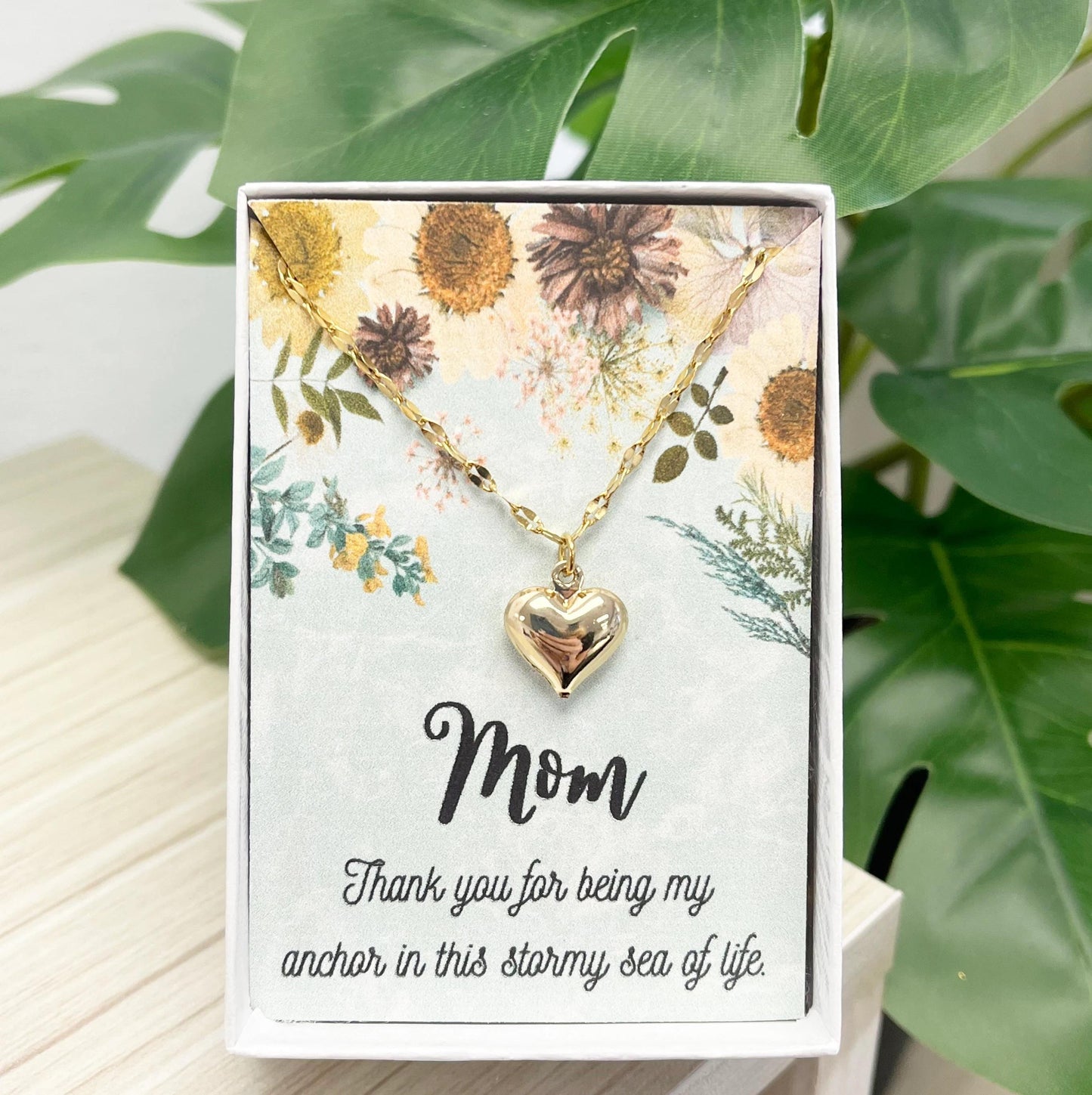 Gold Heart Necklace Card SET for Mom Gratitude Necklace Grandma Necklace Gift Delicate Gold Puffy Heart Charm Necklace for Mothers Day