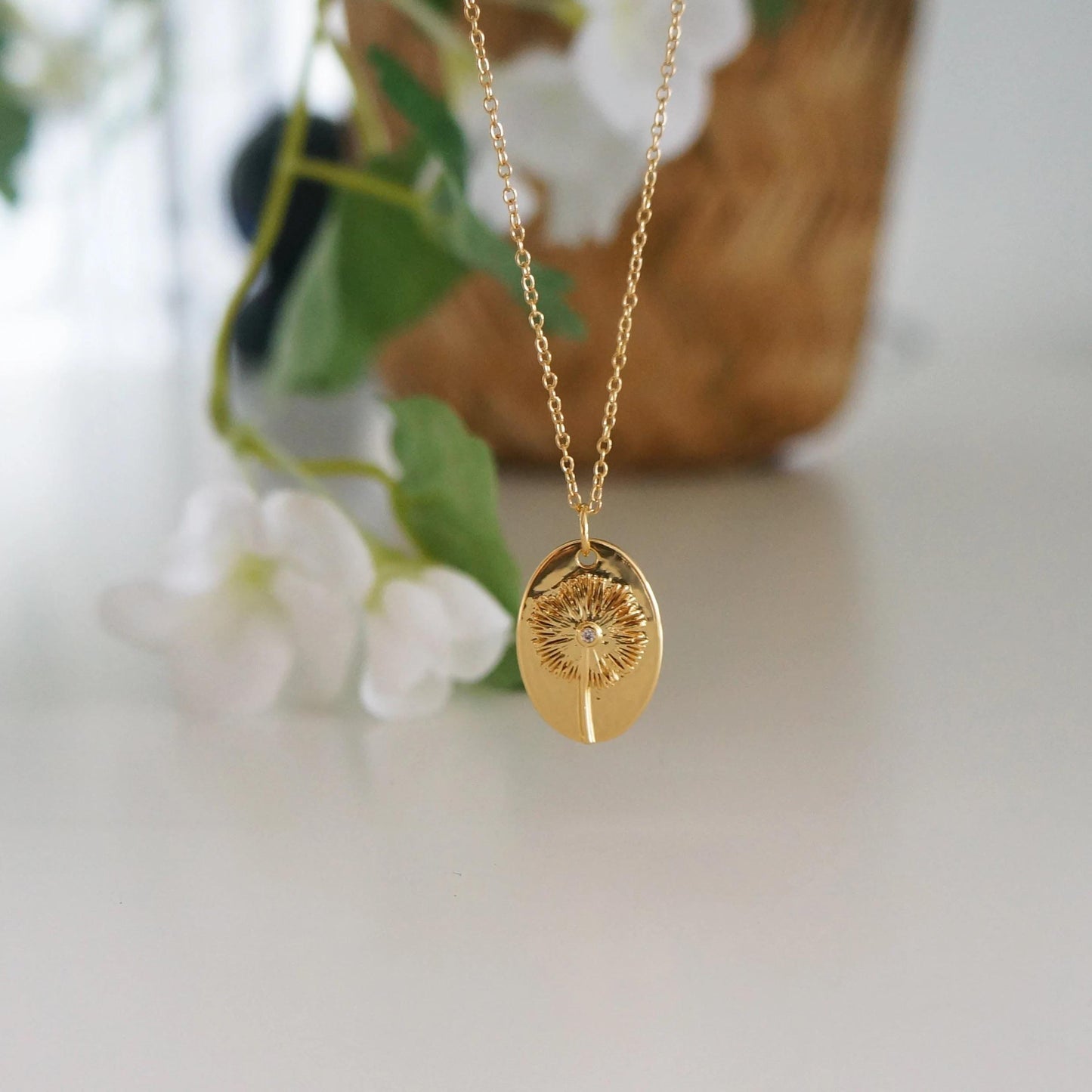 Delicate Gold Flower Dandelion Oval Charm Necklace Floral Pendant Necklace Mother Birthday Gift Idea Women Floral Necklace