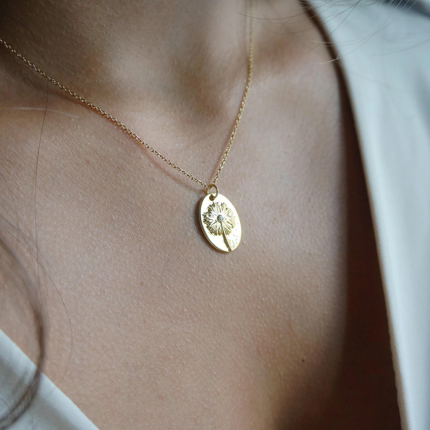 Delicate Gold Flower Dandelion Oval Charm Necklace Floral Pendant Necklace Mother Birthday Gift Idea Women Floral Necklace