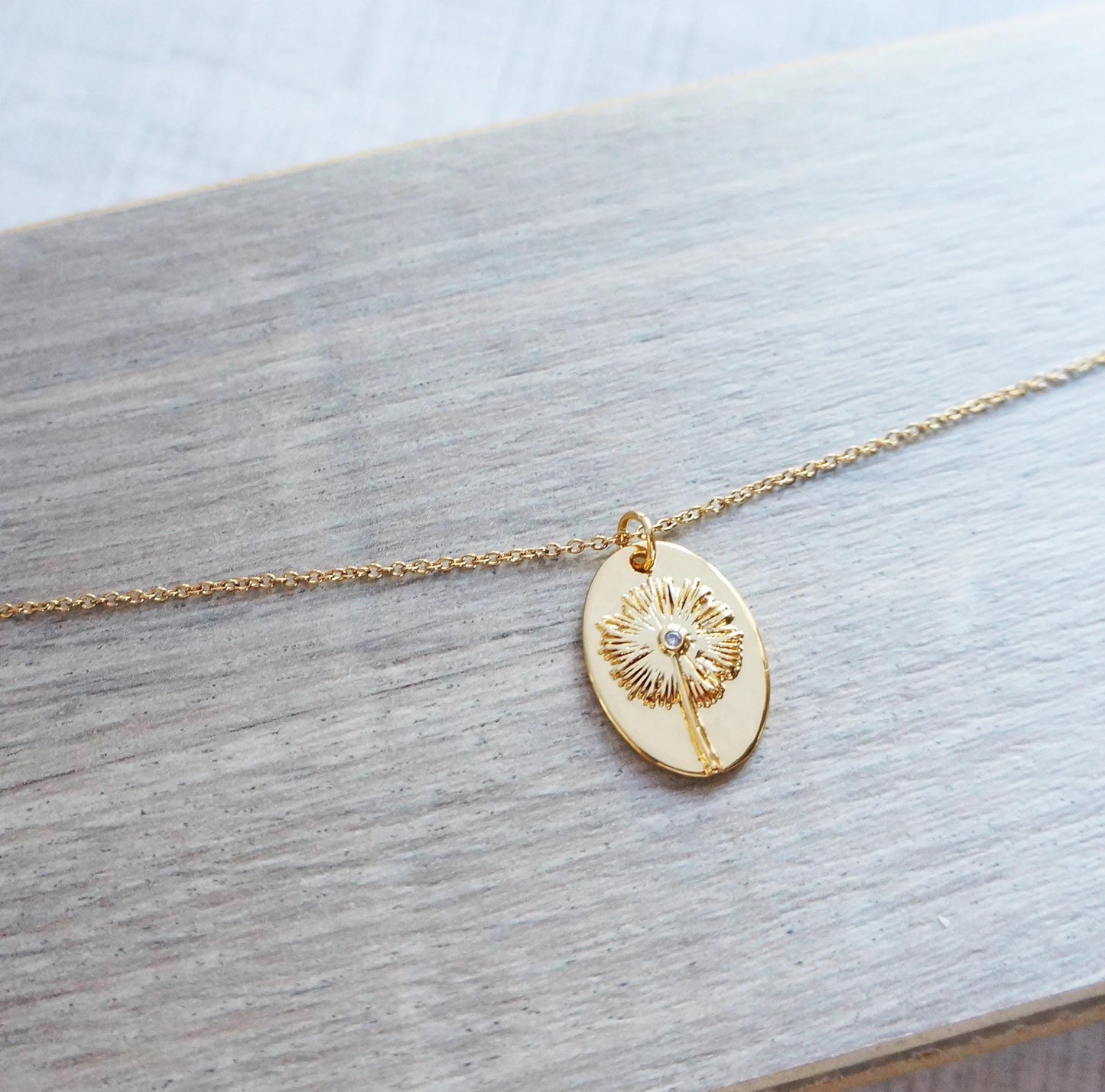 Delicate Gold Flower Dandelion Oval Charm Necklace Floral Pendant Necklace Mother Birthday Gift Idea Women Floral Necklace