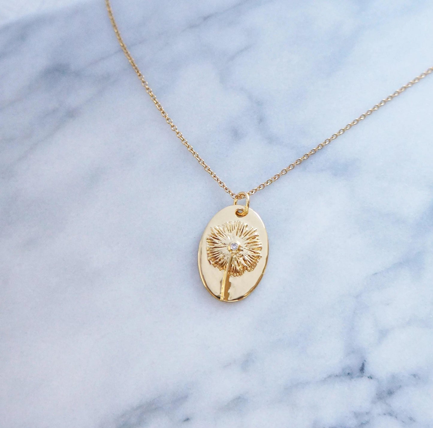 Delicate Gold Flower Dandelion Oval Charm Necklace Floral Pendant Necklace Mother Birthday Gift Idea Women Floral Necklace