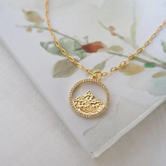 Gold CZ Little Mountain Charm Necklace, Dainty Round Pendant, Hiking Jewelry, Crystal Accent, Nature Lover Gift, Minimalist Aesthetic Gift