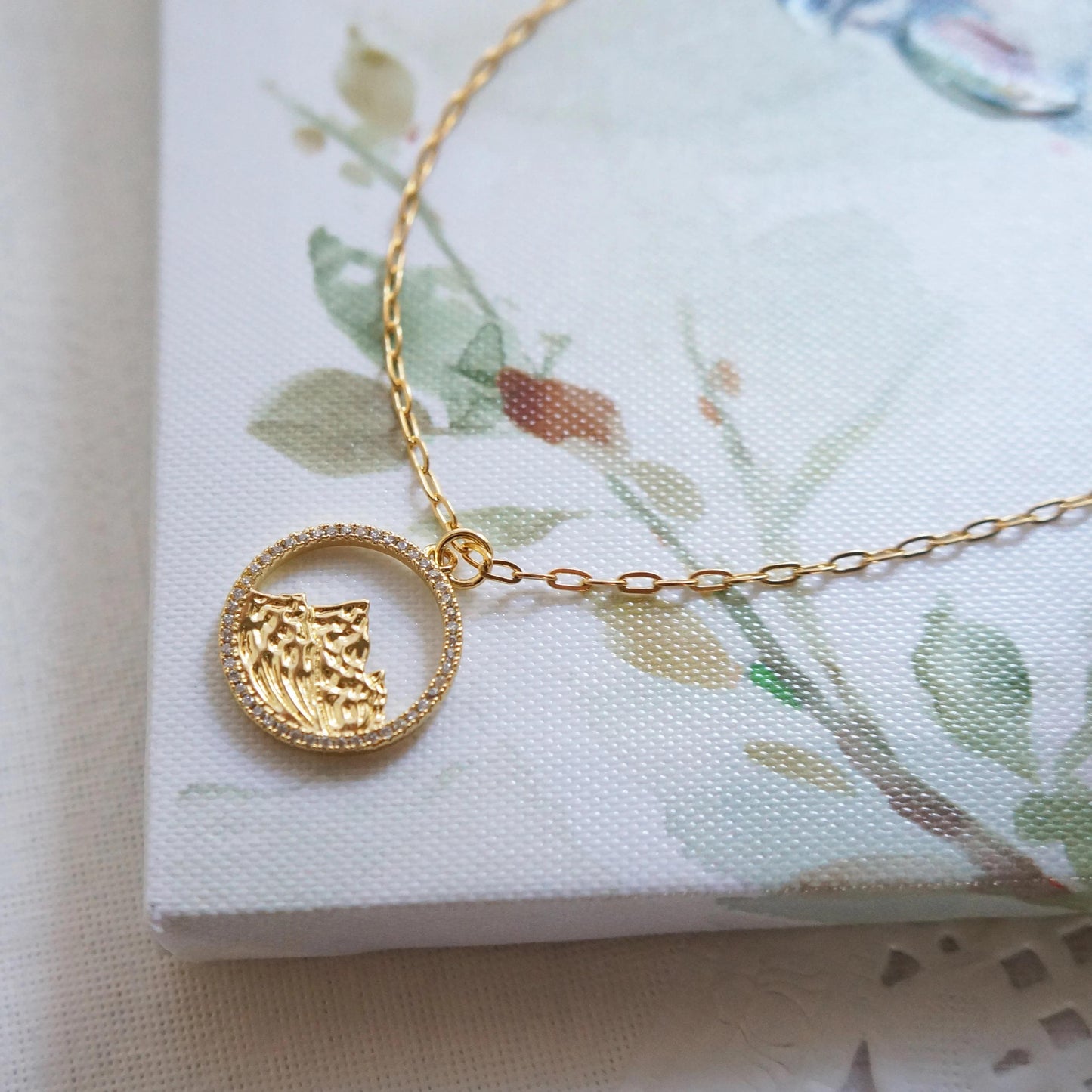 Gold CZ Little Mountain Charm Necklace, Dainty Round Pendant, Hiking Jewelry, Crystal Accent, Nature Lover Gift, Minimalist Aesthetic Gift