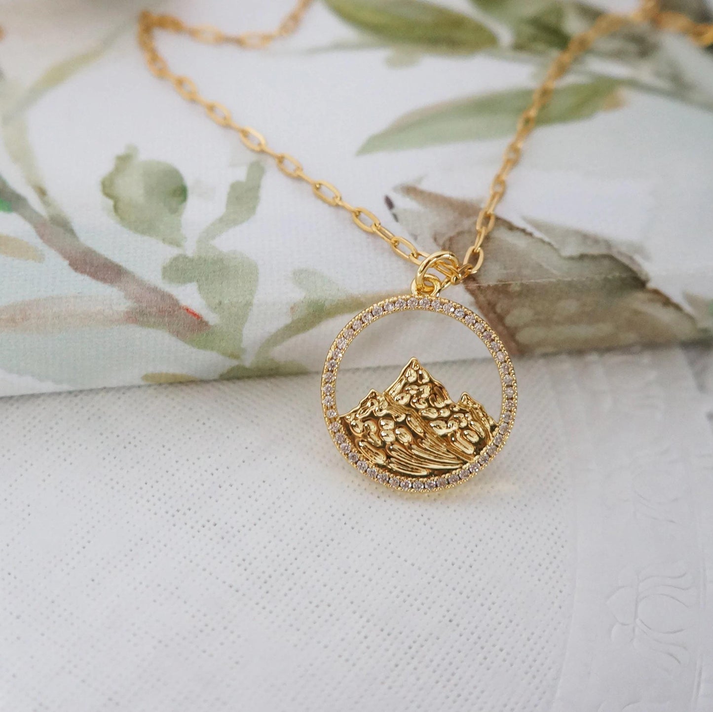 Gold CZ Little Mountain Charm Necklace, Dainty Round Pendant, Hiking Jewelry, Crystal Accent, Nature Lover Gift, Minimalist Aesthetic Gift
