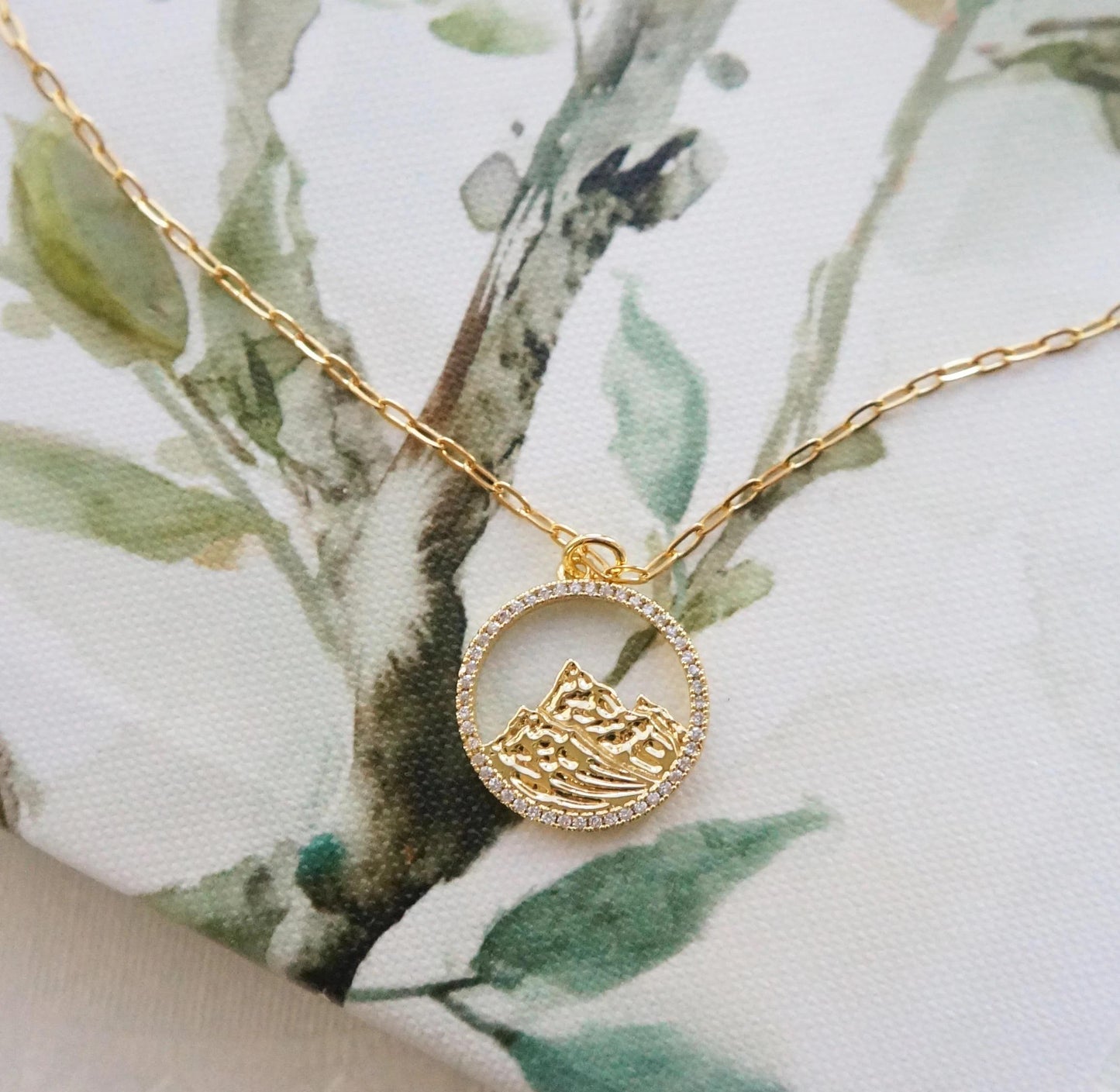 Gold CZ Little Mountain Charm Necklace, Dainty Round Pendant, Hiking Jewelry, Crystal Accent, Nature Lover Gift, Minimalist Aesthetic Gift