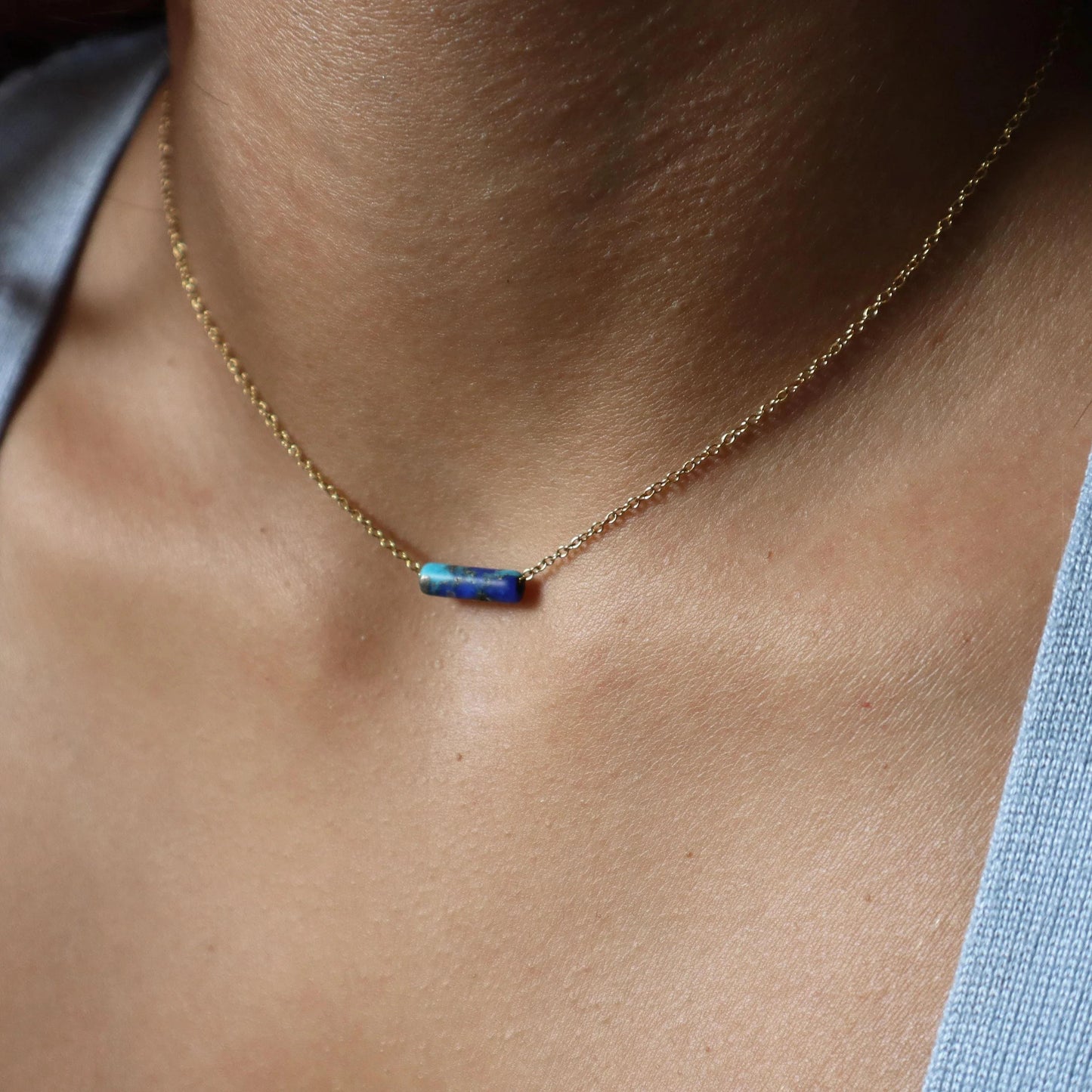 Tiny Thin Delicate Turquoise Lapis Lazuli Bar Stone Necklace Natural Calming Stone Necklace Gift Idea Divine Energy Necklace CCH