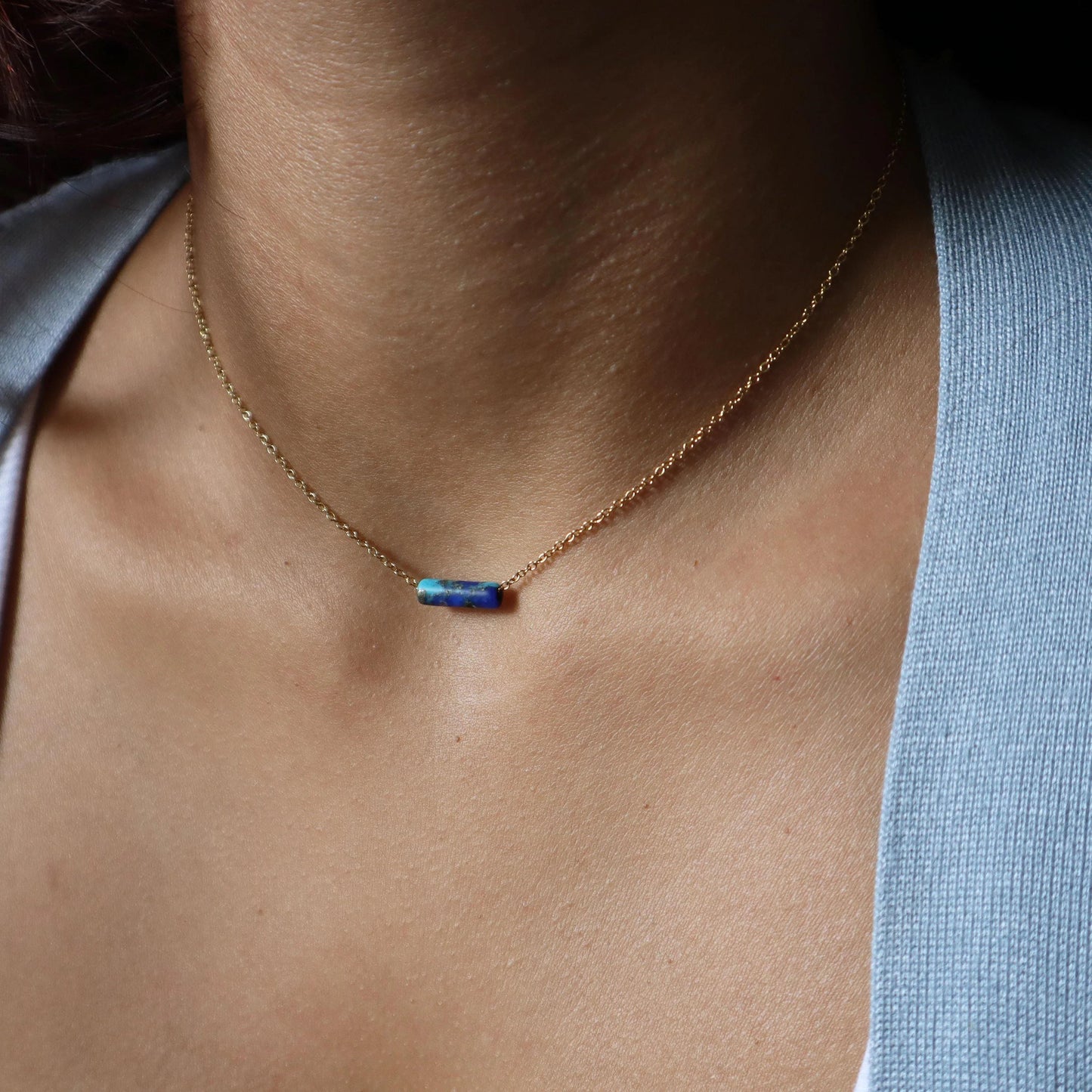 Tiny Thin Delicate Turquoise Lapis Lazuli Bar Stone Necklace Natural Calming Stone Necklace Gift Idea Divine Energy Necklace CCH