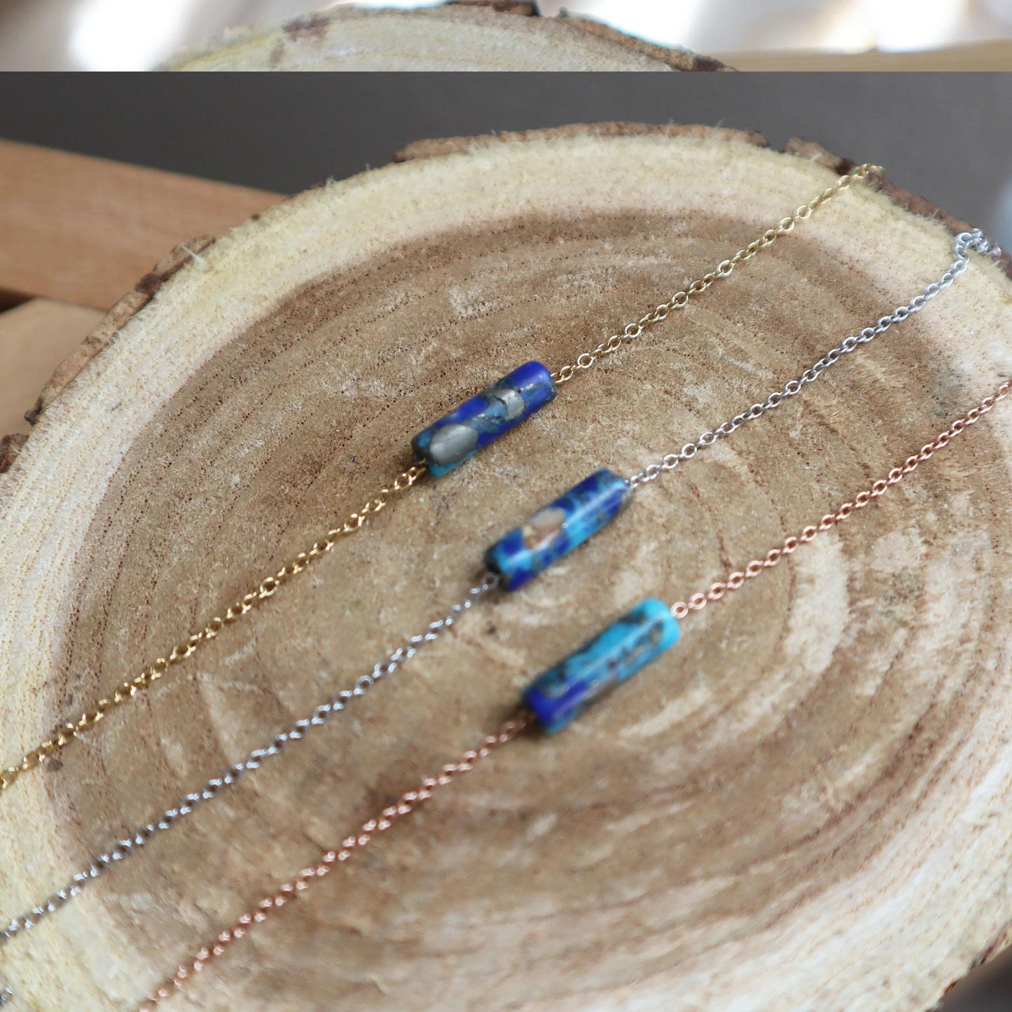 Tiny Thin Delicate Turquoise Lapis Lazuli Bar Stone Necklace Natural Calming Stone Necklace Gift Idea Divine Energy Necklace CCH