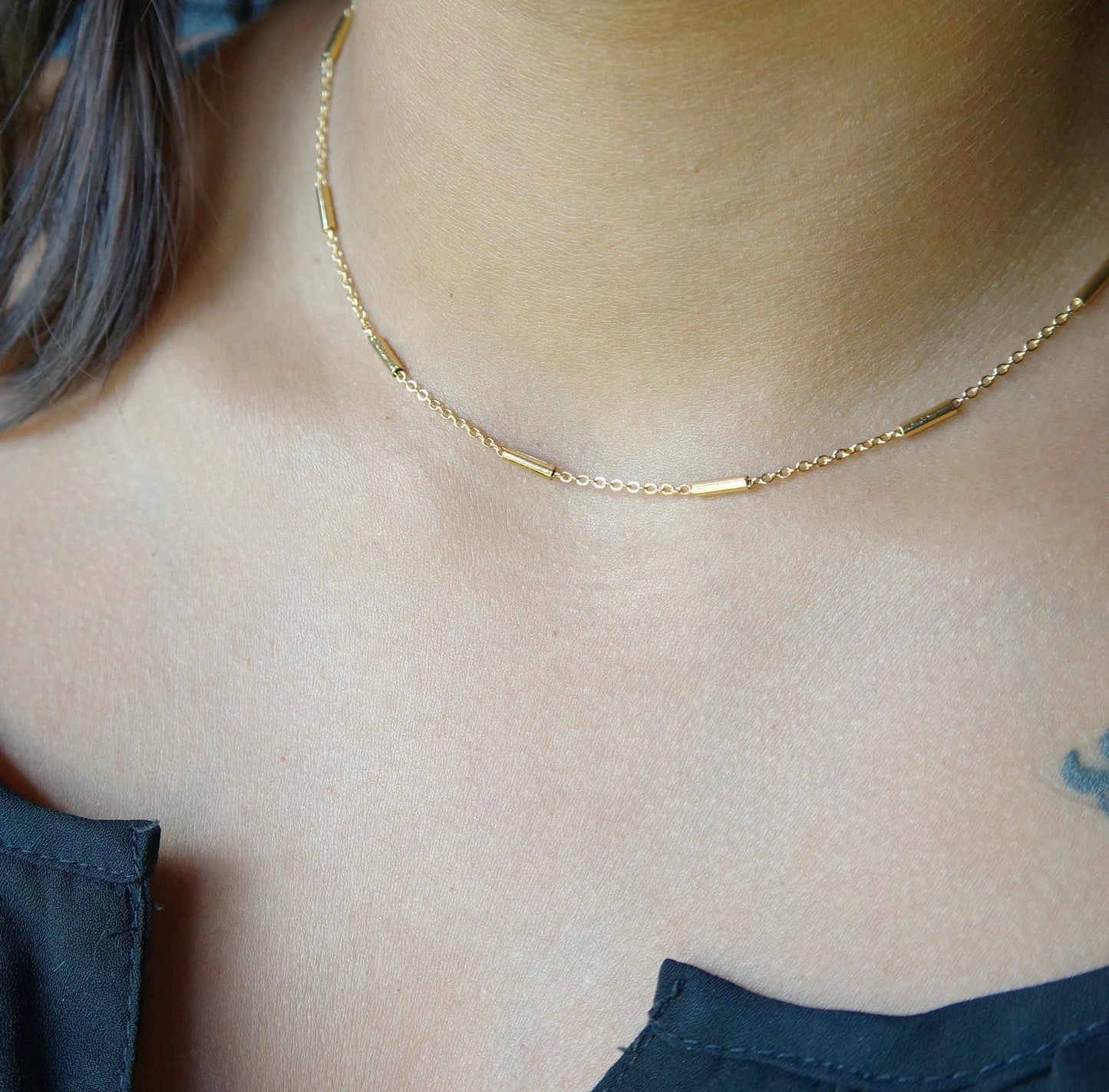 Tiny Bar Chain Choker Delicate Minimalist Chain Necklace Layering Necklace Dainty Chain Gold/Silver Stainless Steel Jewelry for Women