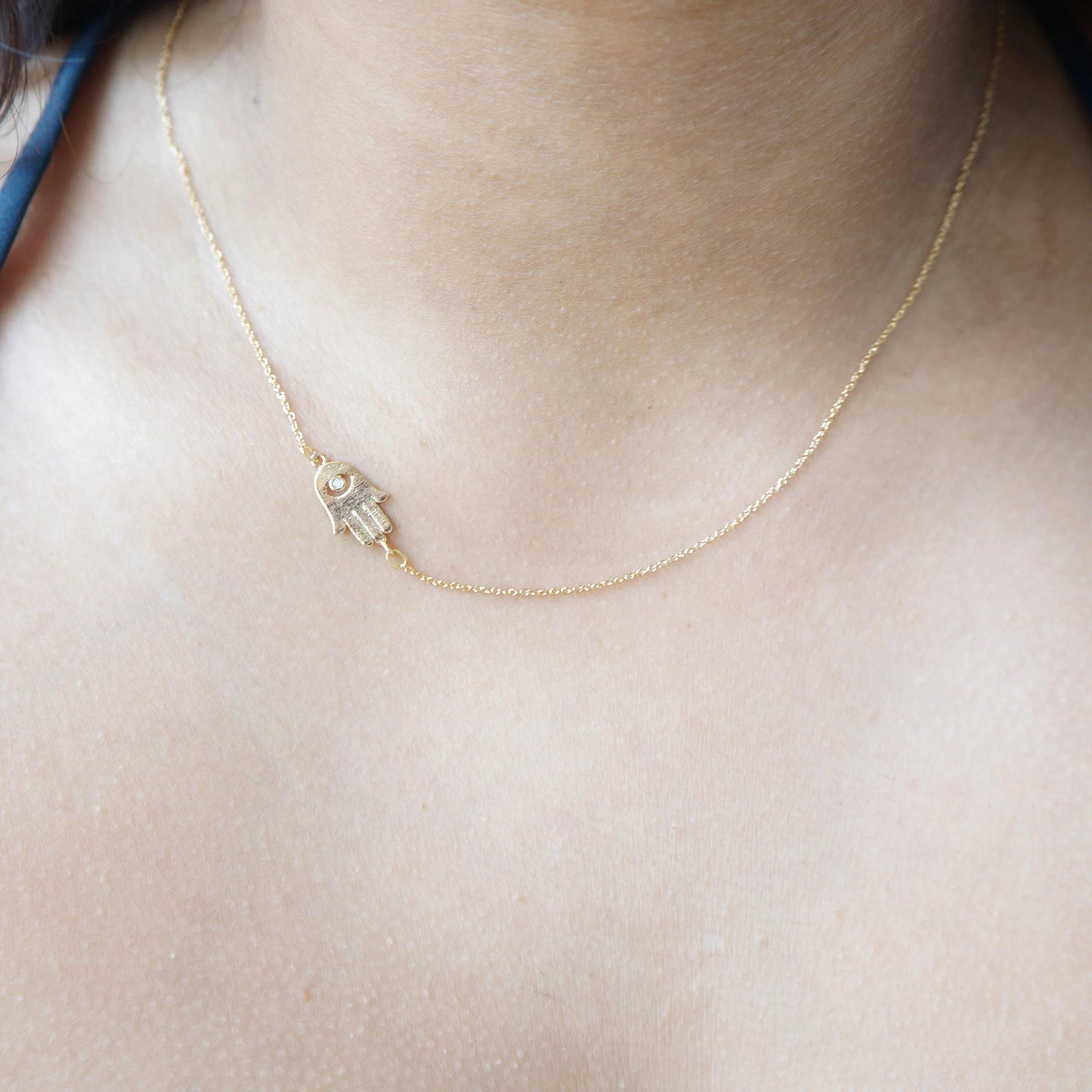 Tiny Gold Hamsa Necklace Hand Protection Necklace Dainty Tiny Charm Daughter Gift Minimal Layering Asymmetrical Necklace Gift for Her