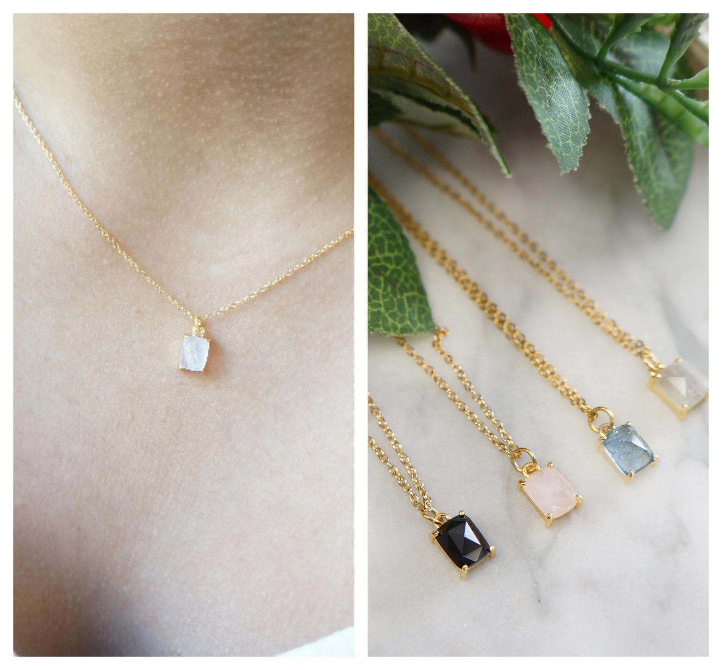 Rose Quartz Tiny Necklace Baguette Crystal Charm Minimal Necklace Layering Gold Necklace Friend Gift Anniversary Necklace Quartz Necklace