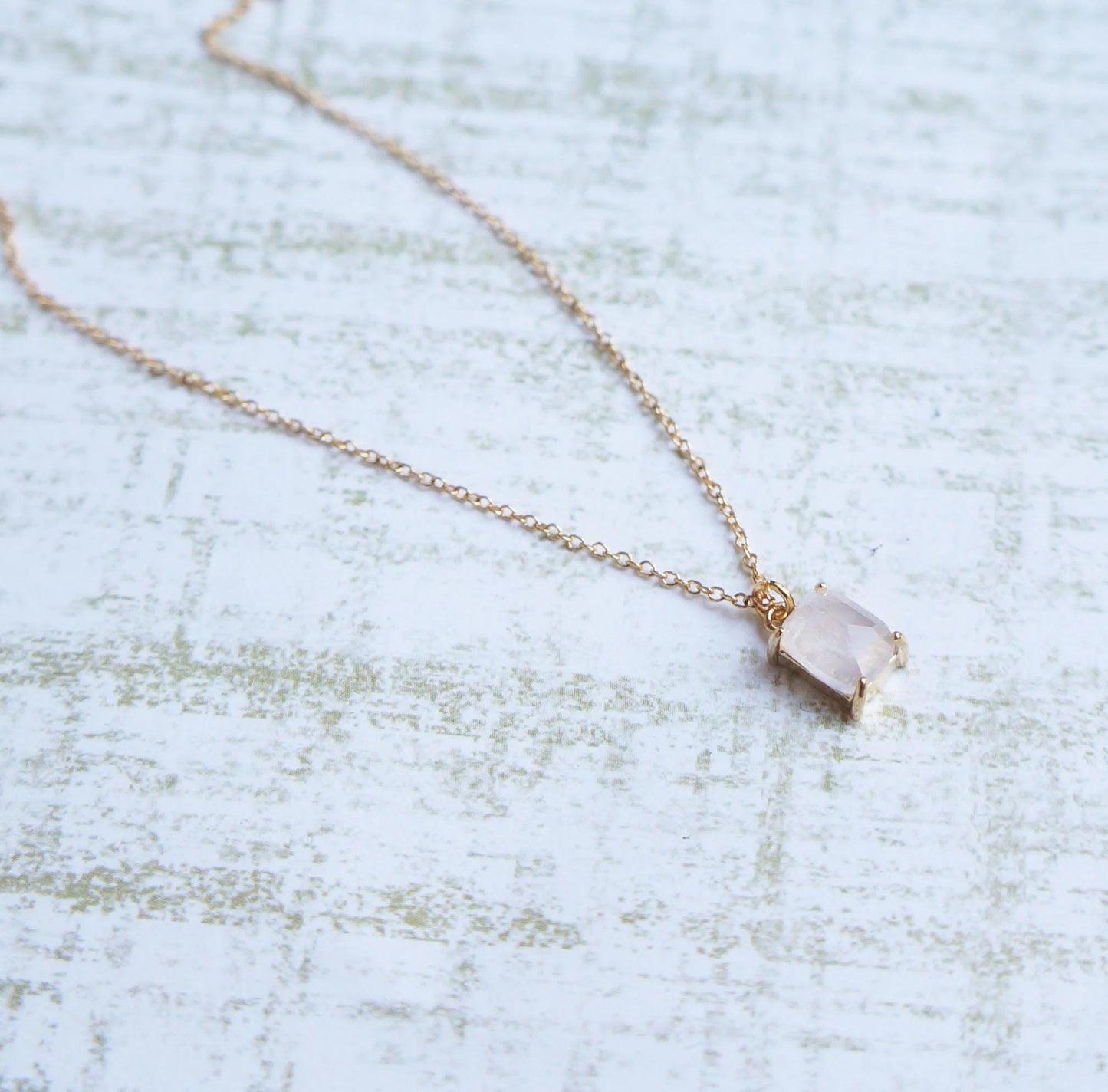 Rose Quartz Tiny Necklace Baguette Crystal Charm Minimal Necklace Layering Gold Necklace Friend Gift Anniversary Necklace Quartz Necklace