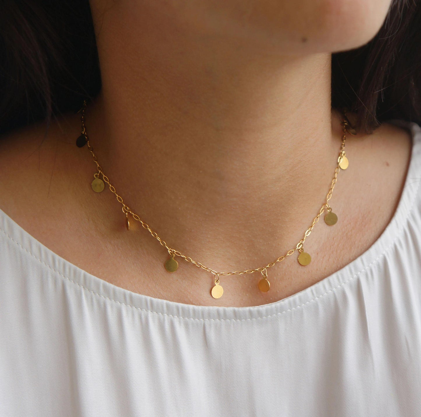 Sparkly Gold Dangling Discs Necklace, Delicate Layered Chain, Gift For Her, Elegant Jewelry, Discs Chain, Dainty