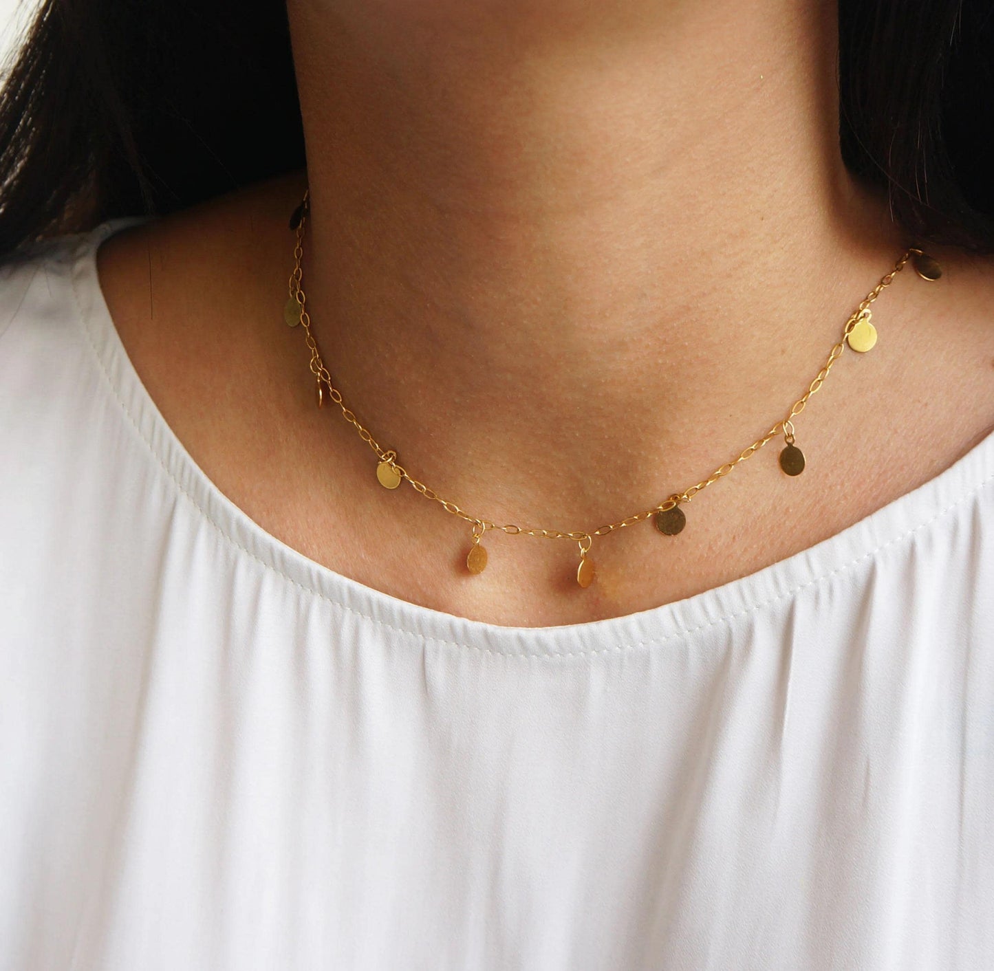 Sparkly Gold Dangling Discs Necklace, Delicate Layered Chain, Gift For Her, Elegant Jewelry, Discs Chain, Dainty