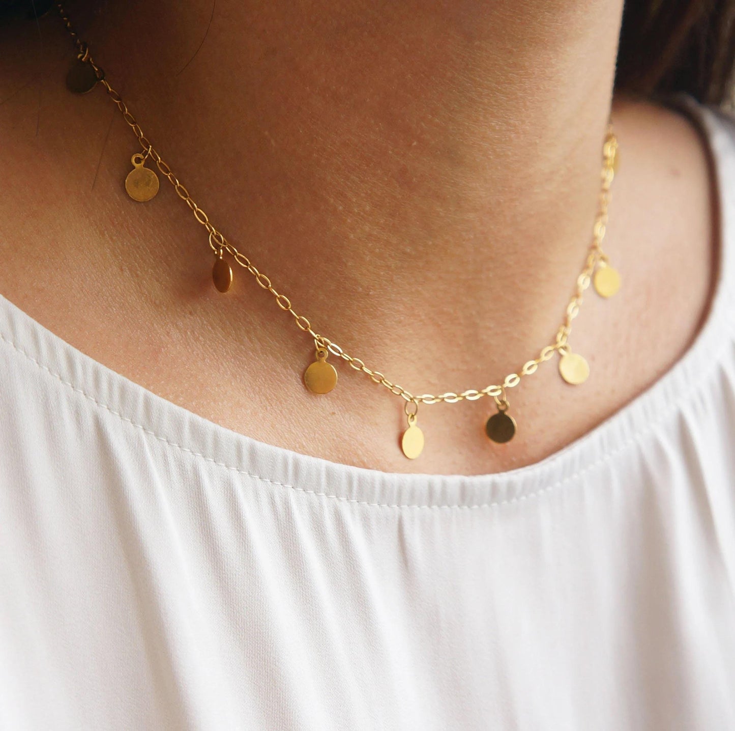 Sparkly Gold Dangling Discs Necklace, Delicate Layered Chain, Gift For Her, Elegant Jewelry, Discs Chain, Dainty