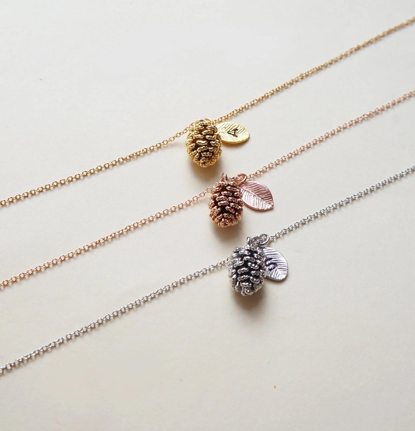 Tiny Personalized Pinecone Necklace with Leaf Hand Stamped Initial Leaf Personalized Necklace Gift for Best Friend Fall Wedding