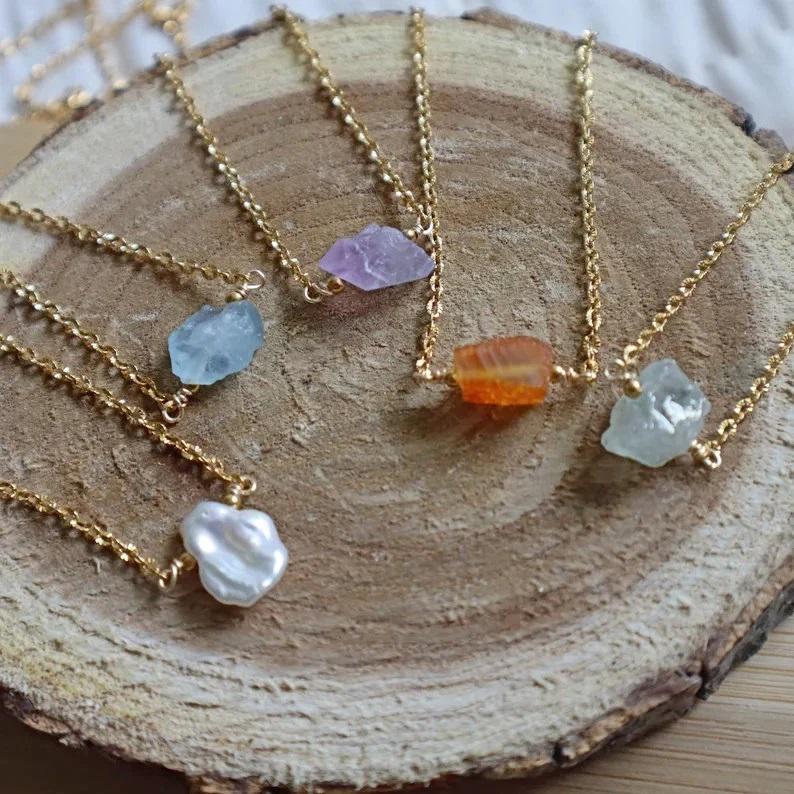 Raw Gemstone Necklace Gold Chain, Women's Gemstone Pendant, Natural Stone Jewelry, Boho Necklace Gift, Minimalist, Layering Necklace, Gift