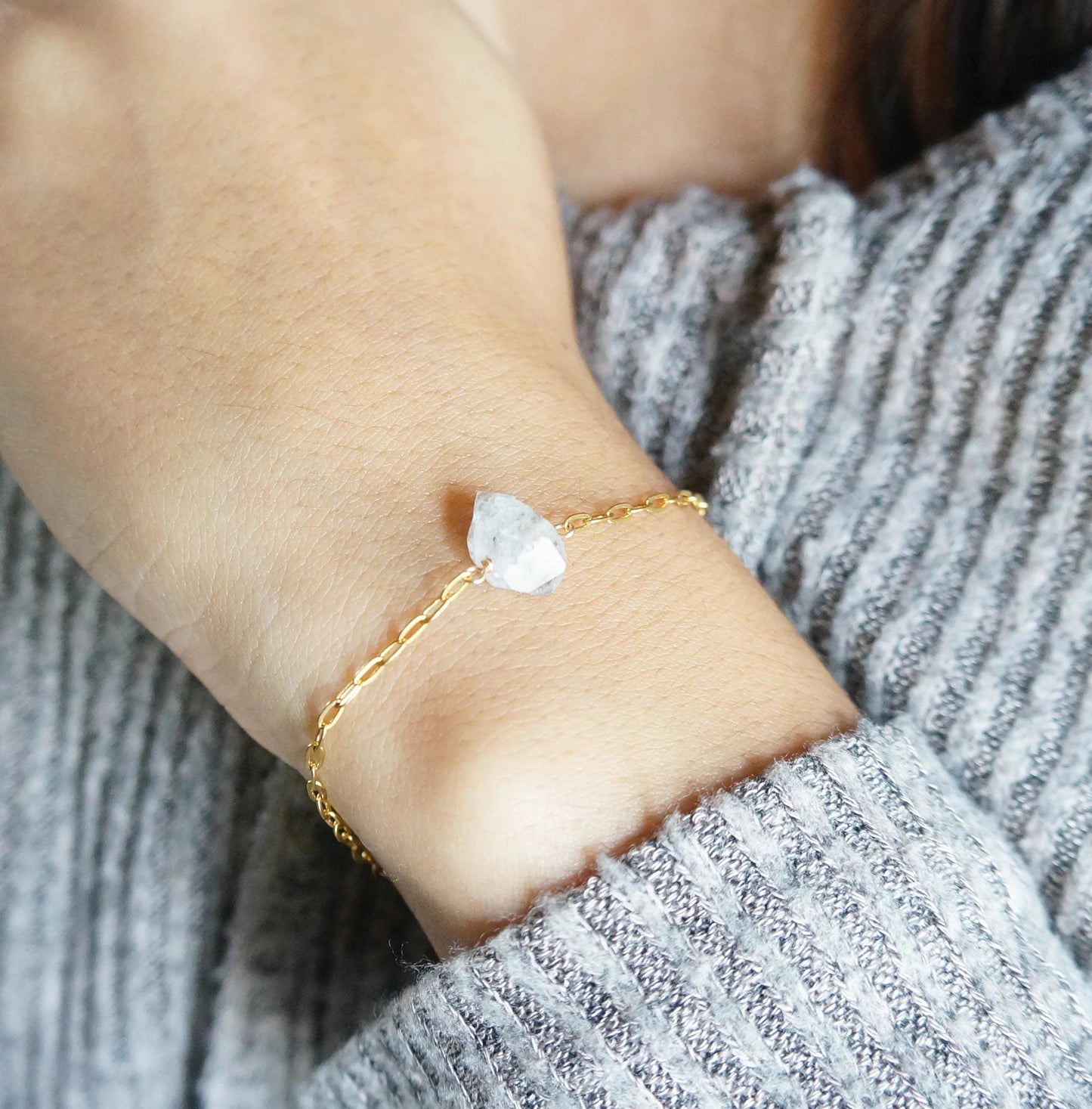 Raw Herkimer Diamond Bracelet Natural Rough Cut Herkimer Dainty Bracelet April Birthstone Gift for Women Raw Gemstone Bracelet