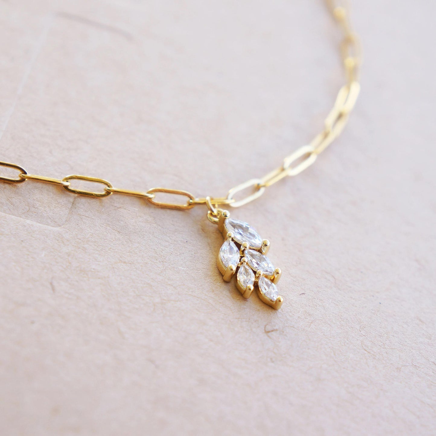 Small Clear CZ Sparkly Charm Necklace, Gold Paperclip Chain, Bridal Gift, Crystal Jewelry, Dainty Jewelry