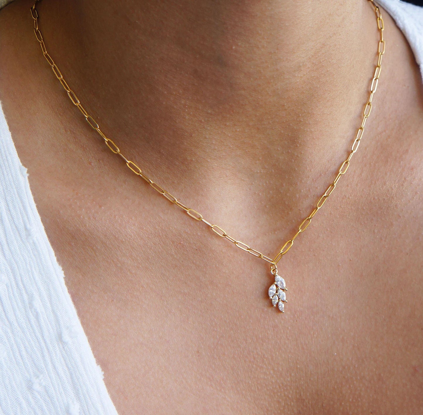 Small Clear CZ Sparkly Charm Necklace, Gold Paperclip Chain, Bridal Gift, Crystal Jewelry, Dainty Jewelry