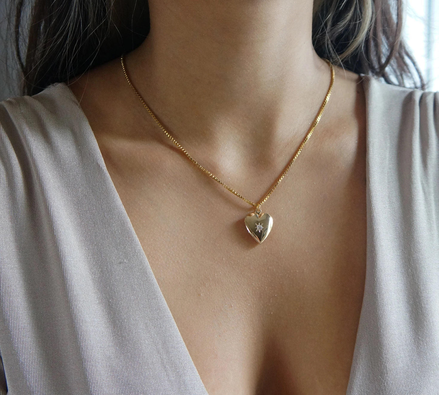 Gold Locket Necklace, Box Chain