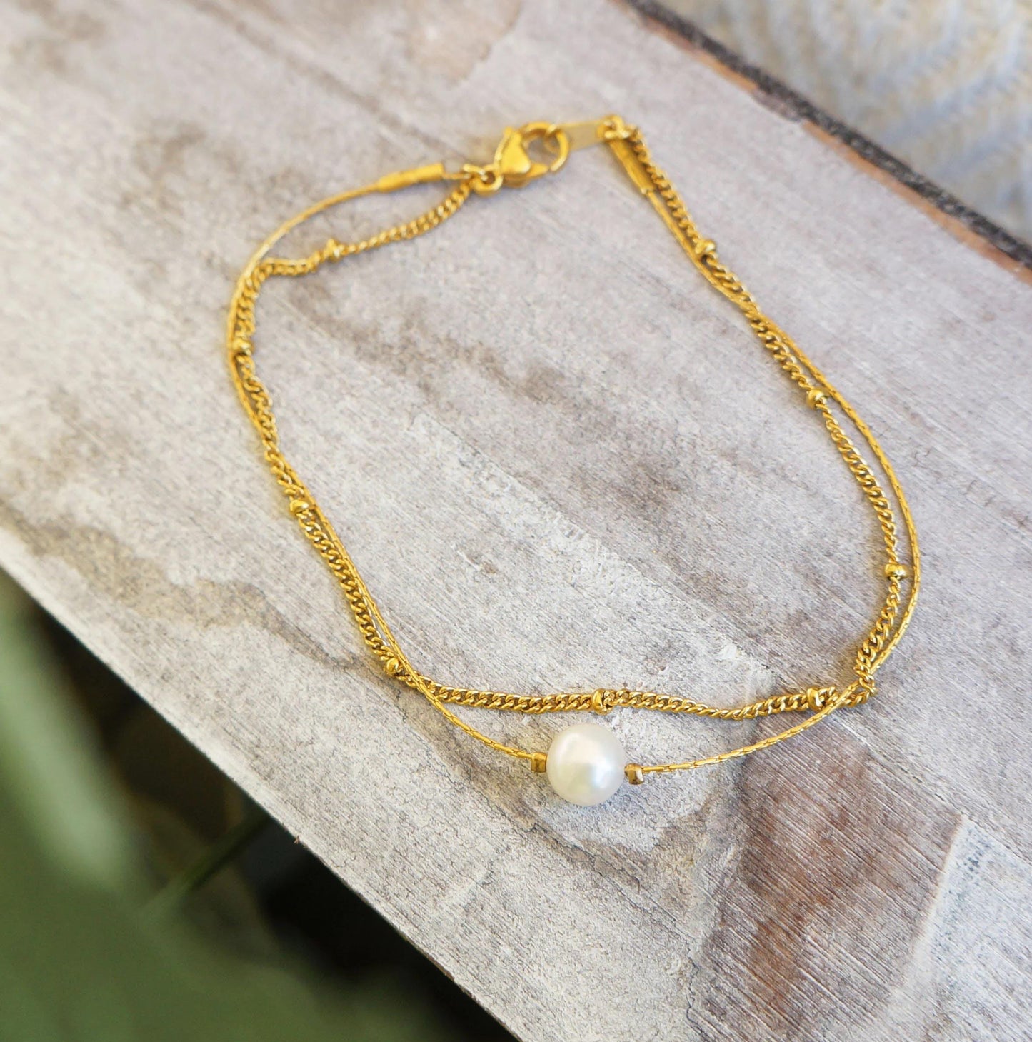 Delicate Gold Pearl Bracelet Duo Chain