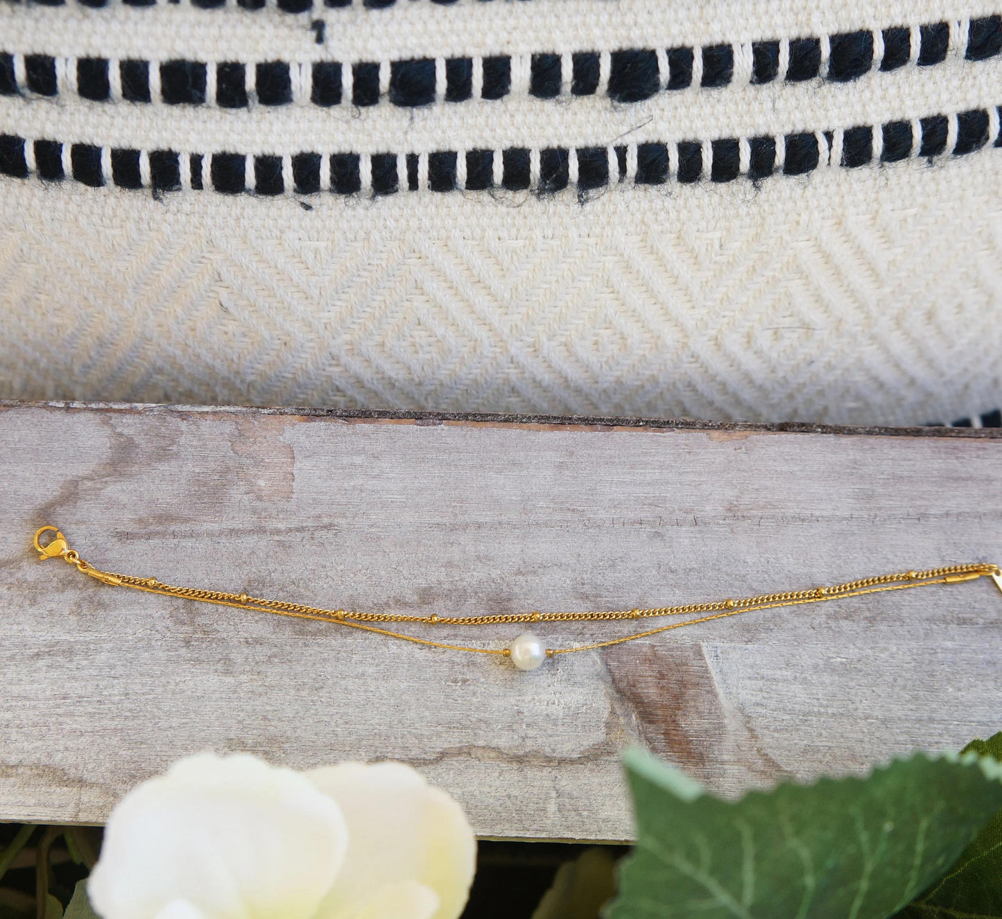 Delicate Gold Pearl Bracelet Duo Chain