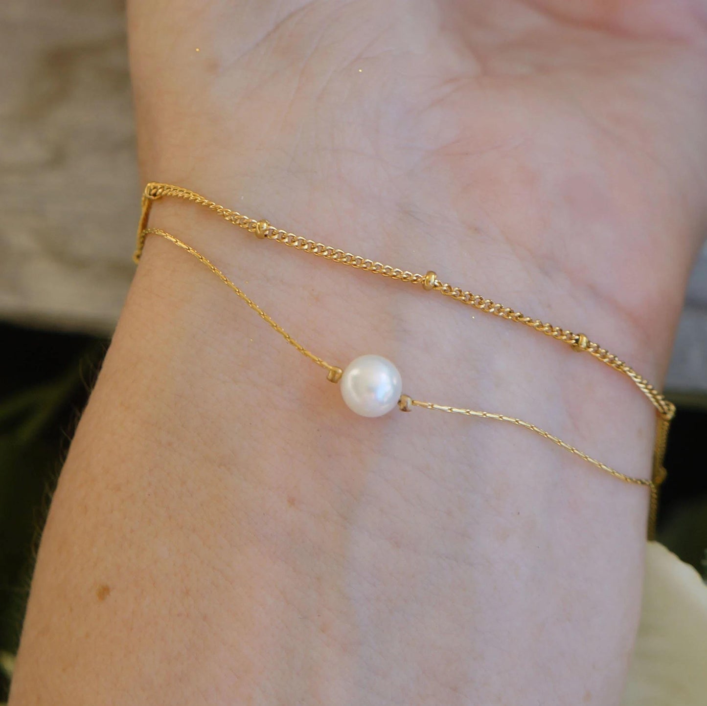 Delicate Gold Pearl Bracelet Duo Chain