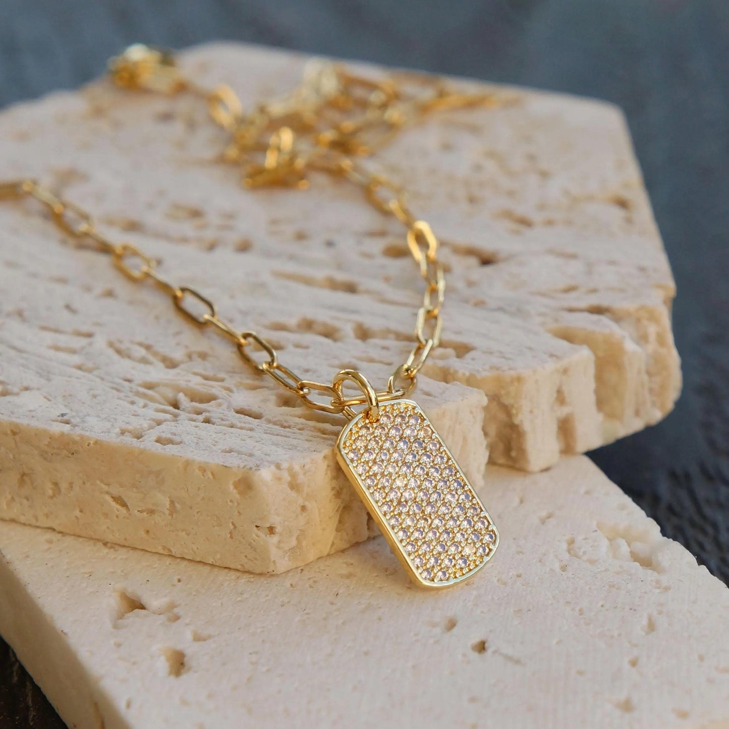 CZ Gold Tag Necklace, Military Dog Tag Pendant