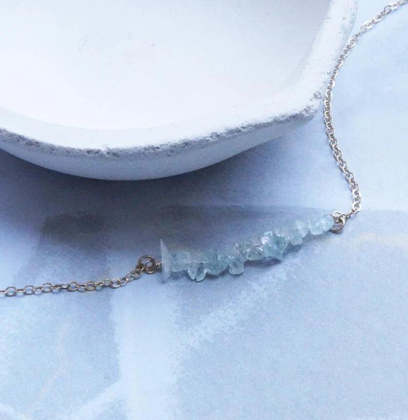 Aquamarine Necklace Sterling Silver 14kt Gold Option March Birthstone Necklace Dainty Beaded Bar Raw Tiny Gemstone Necklace Gift for Women