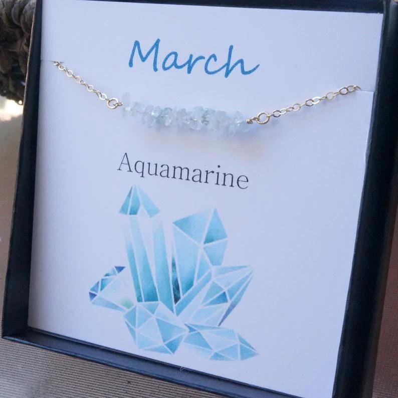 Aquamarine Necklace Sterling Silver 14kt Gold Option March Birthstone Necklace Dainty Beaded Bar Raw Tiny Gemstone Necklace Gift for Women