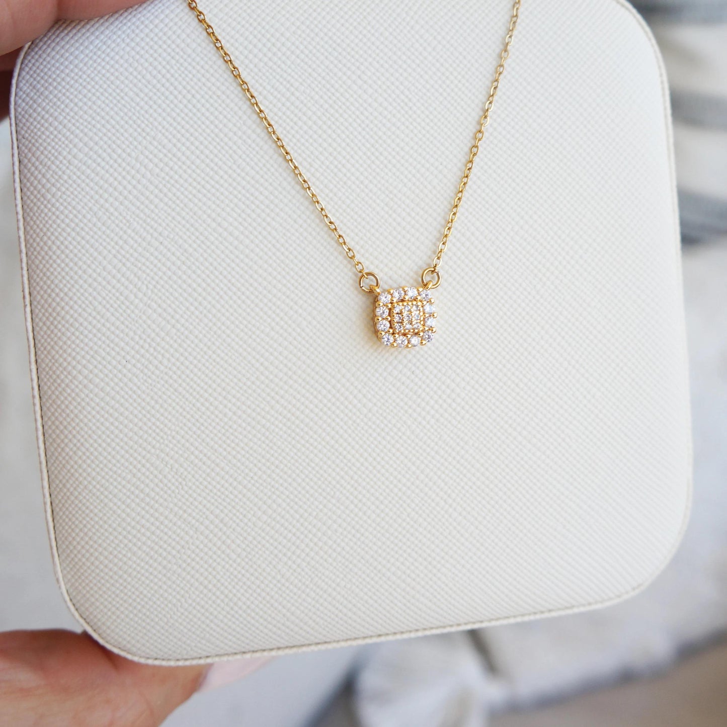 Dainty Gold Square Brilliant CZ Crystal Necklace