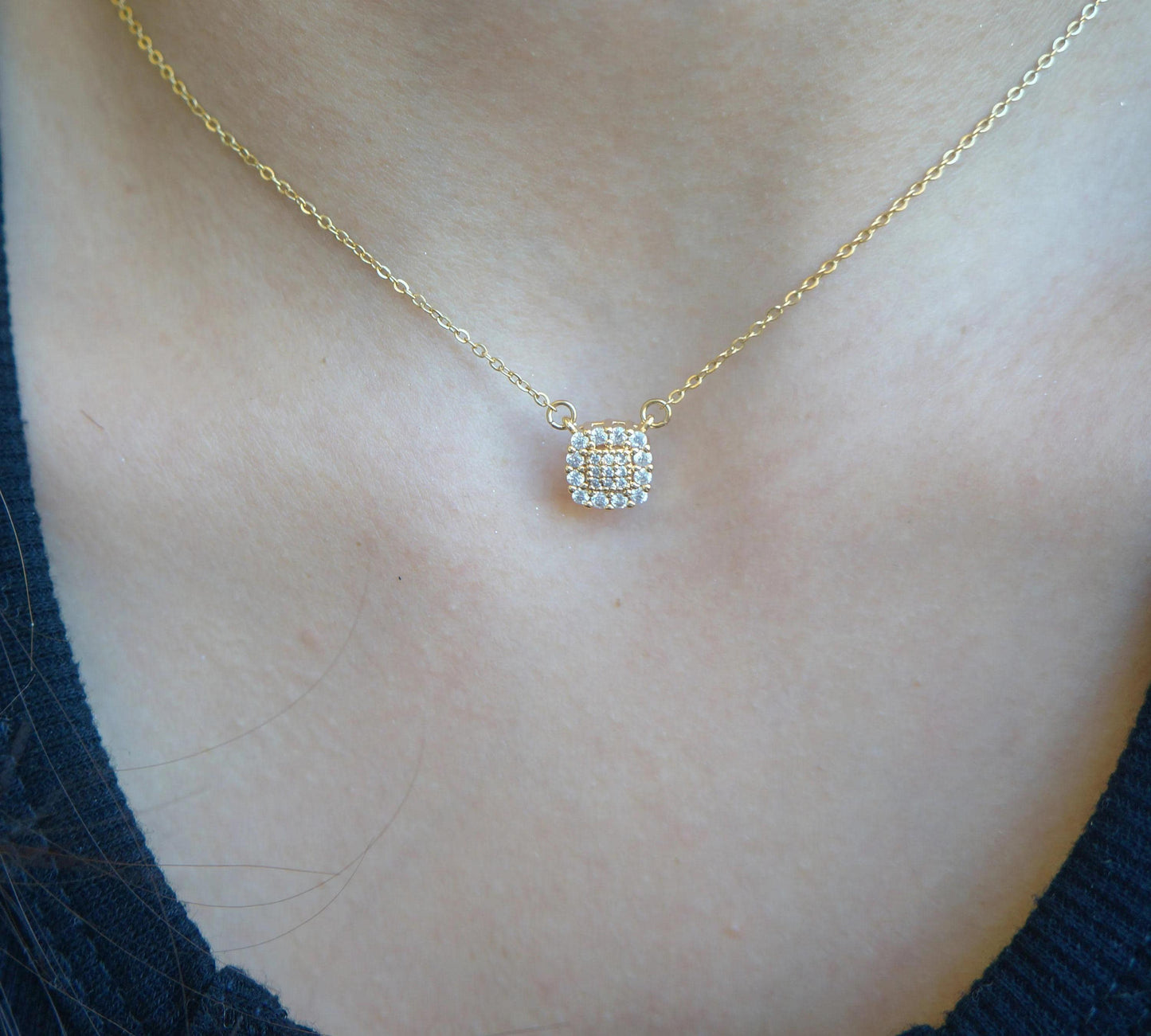 Dainty Gold Square Brilliant CZ Crystal Necklace