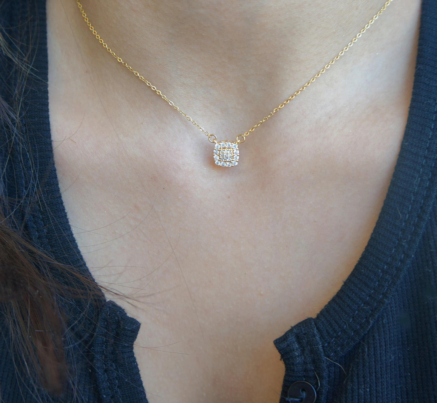 Dainty Gold Square Brilliant CZ Crystal Necklace