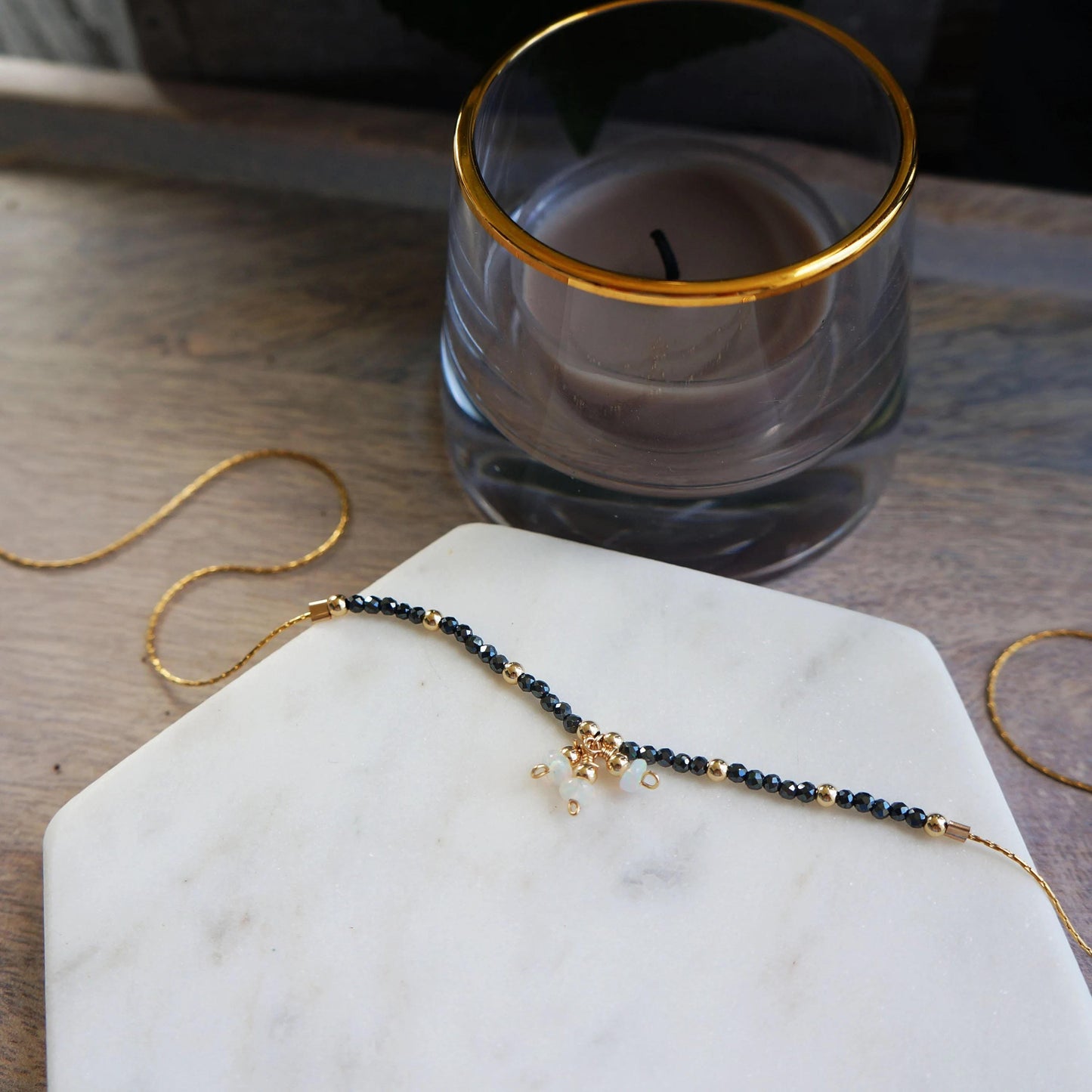 Natural Tiny Black Spinel Necklace with Natural Opals Protection Necklace Mini Gemstones Beaded Necklace Gold Snake Chain