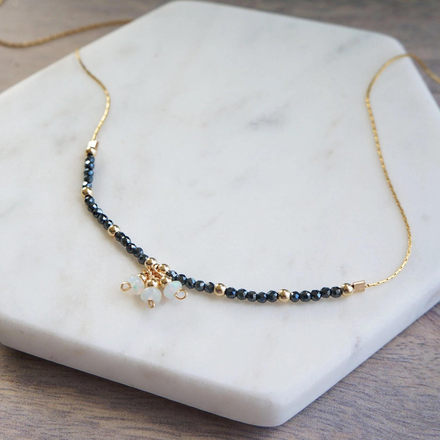 Natural Tiny Black Spinel Necklace with Natural Opals Protection Necklace Mini Gemstones Beaded Necklace Gold Snake Chain