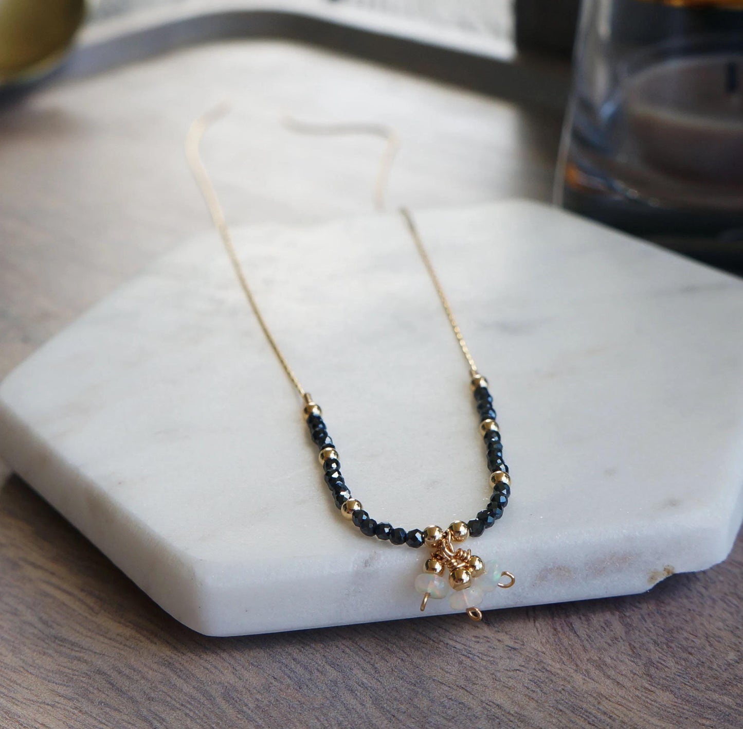 Natural Tiny Black Spinel Necklace with Natural Opals Protection Necklace Mini Gemstones Beaded Necklace Gold Snake Chain