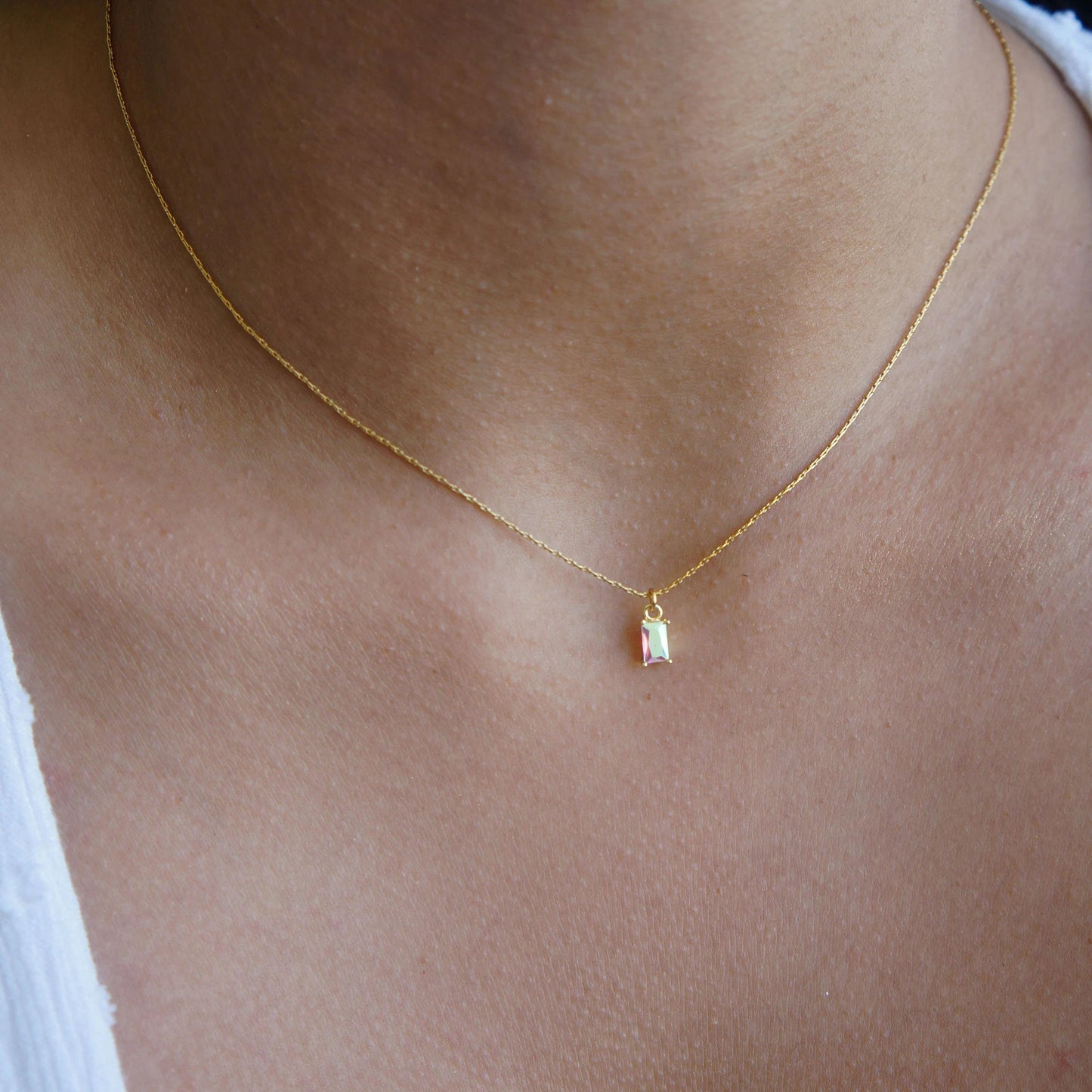 Tiny Crystal Necklace Minimalist Necklace Ultra Dainty Baguette Necklace Snake Thread Chain Layering Necklace for Woman