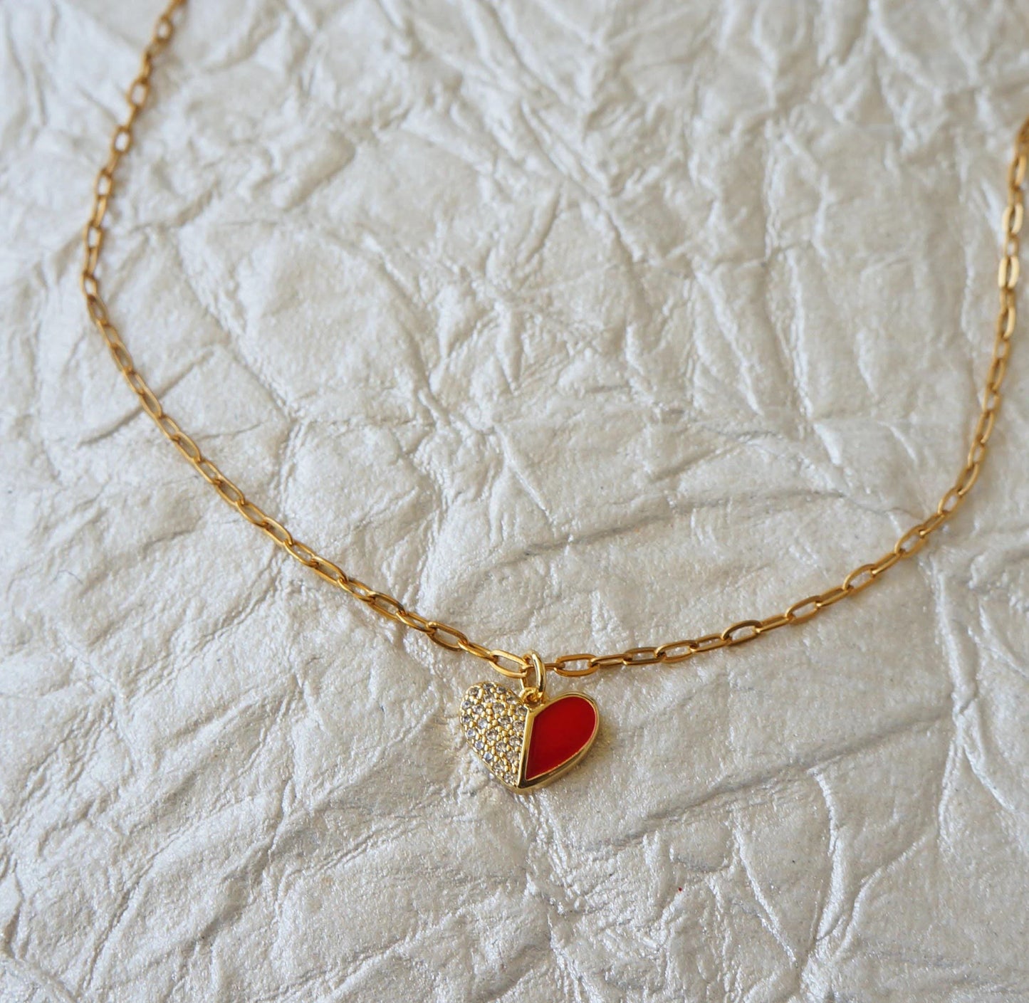 Red Crystal Heart Charm Necklace, Paper Clip Chain, Minimalist Style, Trendy Jewelry, Gift For Her